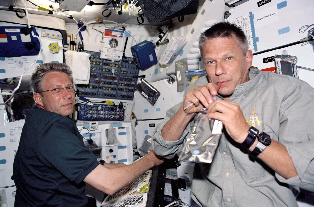 STS121-319-021 (4 - 17 July 2006) --- Astronauts Piers J. Sellers, right, and Thomas Reiter of the European Space Agency, share a meal on the flight deck of the Space Shuttle Discovery during the STS-121 mission.  Reiter later joined the Expedition 13 crew aboard the International Space Station, where he'll be performing research and other tasks for the next six months.