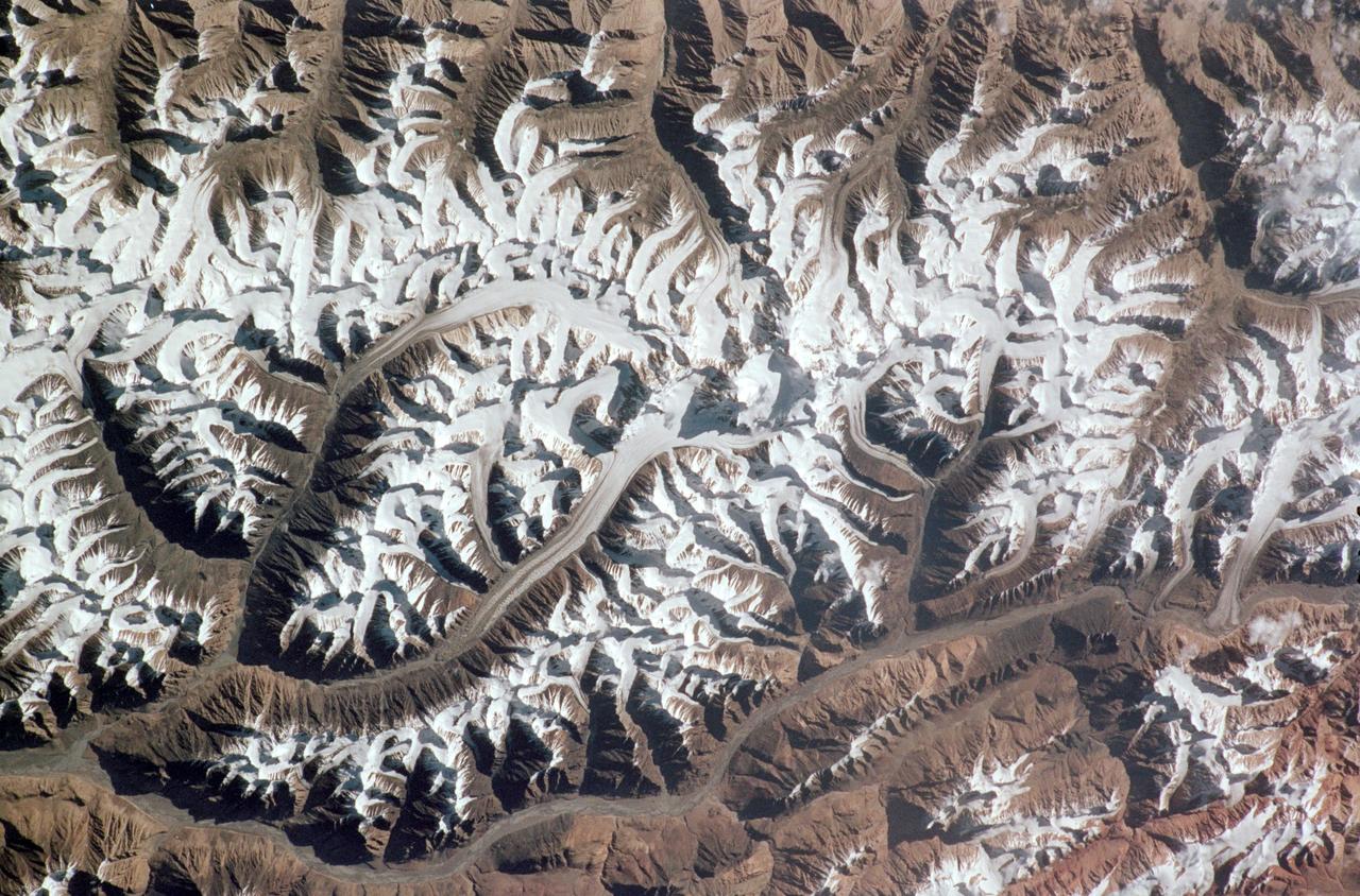 STS121-331-019 (4-17 July 2006) --- (North is toward the lower right corner of the image). This vertical view over glaciers in the Karakoram Mountain range of Northern India was photographed from the Space Shuttle Discovery during the STS-121 mission. The glaciers are centered at 34.8 degrees north latitude and 77.8 degrees east longitude. The small peak in the center of the photo stands 25,170 feet high.