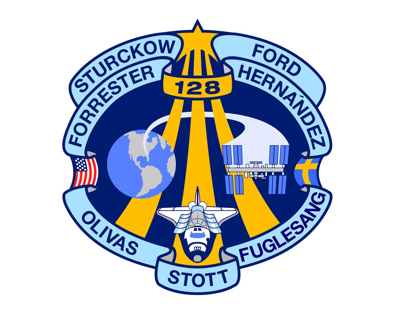 STS128-S-001 (April 2009) --- The STS-128 patch symbolizes the 17A mission and represents the hardware, people and partner nations that contribute to the flight. The Space shuttle Discovery is shown in the orbit configuration with the Multi-Purpose Logistics Module (MPLM) Leonardo in the payload bay. Earth and the International Space Station wrap around the Astronaut Office symbol reminding us of the continuous human presence in space. The names of the STS-128 crew members border the patch in an unfurled manner. Included in the names is the expedition crew member who will launch on STS-128 and remain on board ISS, replacing another Expedition crew member who will return home with STS-128. The banner also completes the Astronaut Office symbol and contains the U.S. and Swedish flags representing the countries of the STS-128 crew.     The NASA insignia design for space shuttle flights is reserved for use by the astronauts and for other official use as the NASA Administrator may authorize. Public availability has been approved only in the forms of illustrations by the various news media. When and if there is any change in this policy, which is not anticipated, the change will be publicly announced. Photo credit: NASA