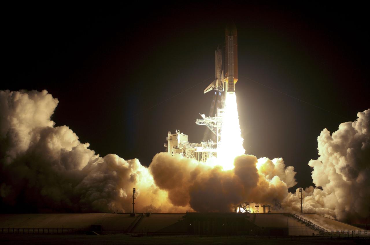 STS128-S-042 (28 Aug. 2009) --- Against a black night sky, Space Shuttle Discovery and its seven-member STS-128 crew head toward Earth orbit and rendezvous with the International Space Station (ISS). Liftoff was on time at 11:59 p.m. (EDT) on Aug. 28, 2009 from launch pad 39A at NASA?s Kennedy Space Center. Onboard are astronauts Rick Sturckow, commander; Kevin Ford, pilot; John ?Danny? Olivas, European Space Agency astronaut Christer Fuglesang, Patrick Forrester, Jose Hernandez and Nicole Stott, all mission specialists. Stott will join Expedition 20 in progress to serve as a flight engineer aboard the ISS. The 13-day mission will deliver more than seven tons of supplies, science racks and equipment, as well as additional environmental hardware to sustain six crew members on the space station. The equipment includes a freezer to store research samples, a new sleeping compartment and the COLBERT treadmill. The mission is the 128th in the Space Shuttle Program, the 37th flight of Discovery and the 30th station assembly flight.