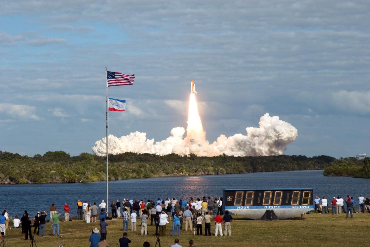 CAPE CANAVERAL, Fla. - An exhaust cloud begins to form around space shuttle Atlantis as it springs into action from Launch Pad 39A at NASA's Kennedy Space Center in Florida. Liftoff on its STS-129 mission came at 2:28 p.m. EST Nov. 16. Aboard are crew members Commander Charles O. Hobaugh; Pilot Barry E. Wilmore; and Mission Specialists Leland Melvin, Randy Bresnik, Mike Foreman and Robert L. Satcher Jr. On STS-129, the crew will deliver two Express Logistics Carriers to the International Space Station, the largest of the shuttle's cargo carriers, containing 15 spare pieces of equipment including two gyroscopes, two nitrogen tank assemblies, two pump modules, an ammonia tank assembly and a spare latching end effector for the station's robotic arm. Atlantis will return to Earth a station crew member, Nicole Stott, who has spent more than two months aboard the orbiting laboratory. STS-129 is slated to be the final space shuttle Expedition crew rotation flight. For information on the STS-129 mission and crew, visit http://www.nasa.gov/mission_pages/shuttle/shuttlemissions/sts129/index.html. Photo credit:Jim Grossmann