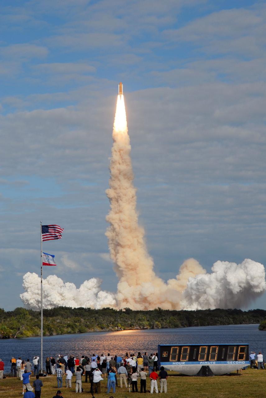 CAPE CANAVERAL, Fla. - Like a phoenix rising from the flames, space shuttle Atlantis takes flight from Launch Pad 39A at NASA's Kennedy Space Center in Florida. Liftoff on its STS-129 mission came at 2:28 p.m. EST Nov. 16. Aboard are crew members Commander Charles O. Hobaugh; Pilot Barry E. Wilmore; and Mission Specialists Leland Melvin, Randy Bresnik, Mike Foreman and Robert L. Satcher Jr. On STS-129, the crew will deliver two Express Logistics Carriers to the International Space Station, the largest of the shuttle's cargo carriers, containing 15 spare pieces of equipment including two gyroscopes, two nitrogen tank assemblies, two pump modules, an ammonia tank assembly and a spare latching end effector for the station's robotic arm. Atlantis will return to Earth a station crew member, Nicole Stott, who has spent more than two months aboard the orbiting laboratory. STS-129 is slated to be the final space shuttle Expedition crew rotation flight. For information on the STS-129 mission and crew, visit http://www.nasa.gov/mission_pages/shuttle/shuttlemissions/sts129/index.html. Photo credit: NASA/Jim Grossmann  