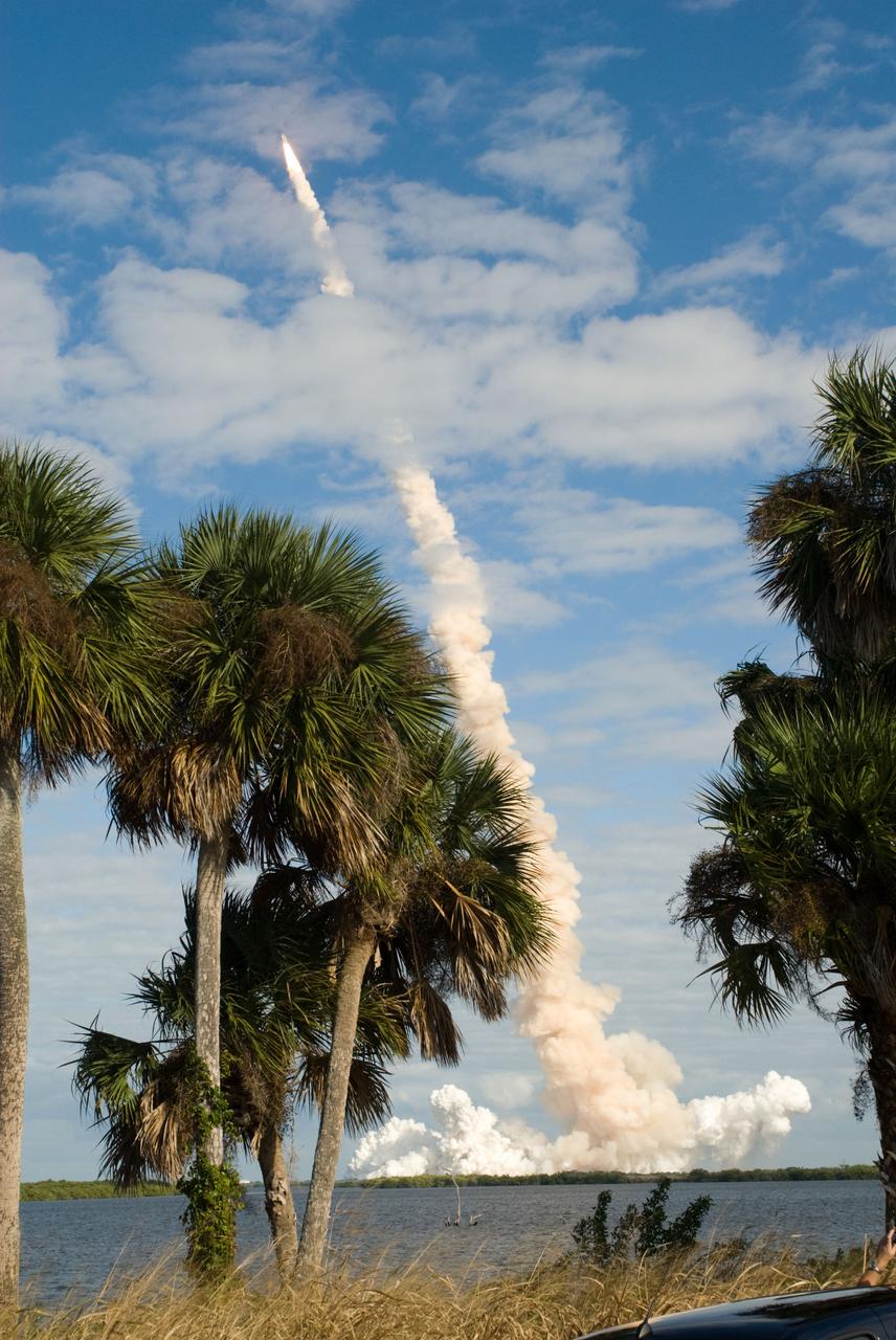 STS129-S-035 (16 Nov. 2009) --- Space Shuttle Atlantis and its six-member STS-129 crew head toward Earth orbit and rendezvous with the International Space Station. Liftoff was on time at 2:28 p.m. (EST) on Nov. 16, 2009 from launch pad 39A at NASA?s Kennedy Space Center, Florida. Onboard are astronauts Charles O. Hobaugh, commander; Barry E. Wilmore, pilot; along with Leland Melvin, Mike Foreman, Robert L. Satcher Jr. and Randy Bresnik, all mission specialists. Atlantis will deliver two Express Logistics Carriers to the station, the largest of the shuttle's cargo carriers, containing 15 spare pieces of equipment including two gyroscopes, two nitrogen tank assemblies, two pump modules, an ammonia tank assembly and a spare latching end effector for the station's robotic arm. Atlantis will return to Earth a station crew member, Nicole Stott, who has spent more than two months aboard the orbiting laboratory. STS-129 is slated to be the final space shuttle Expedition crew rotation flight.