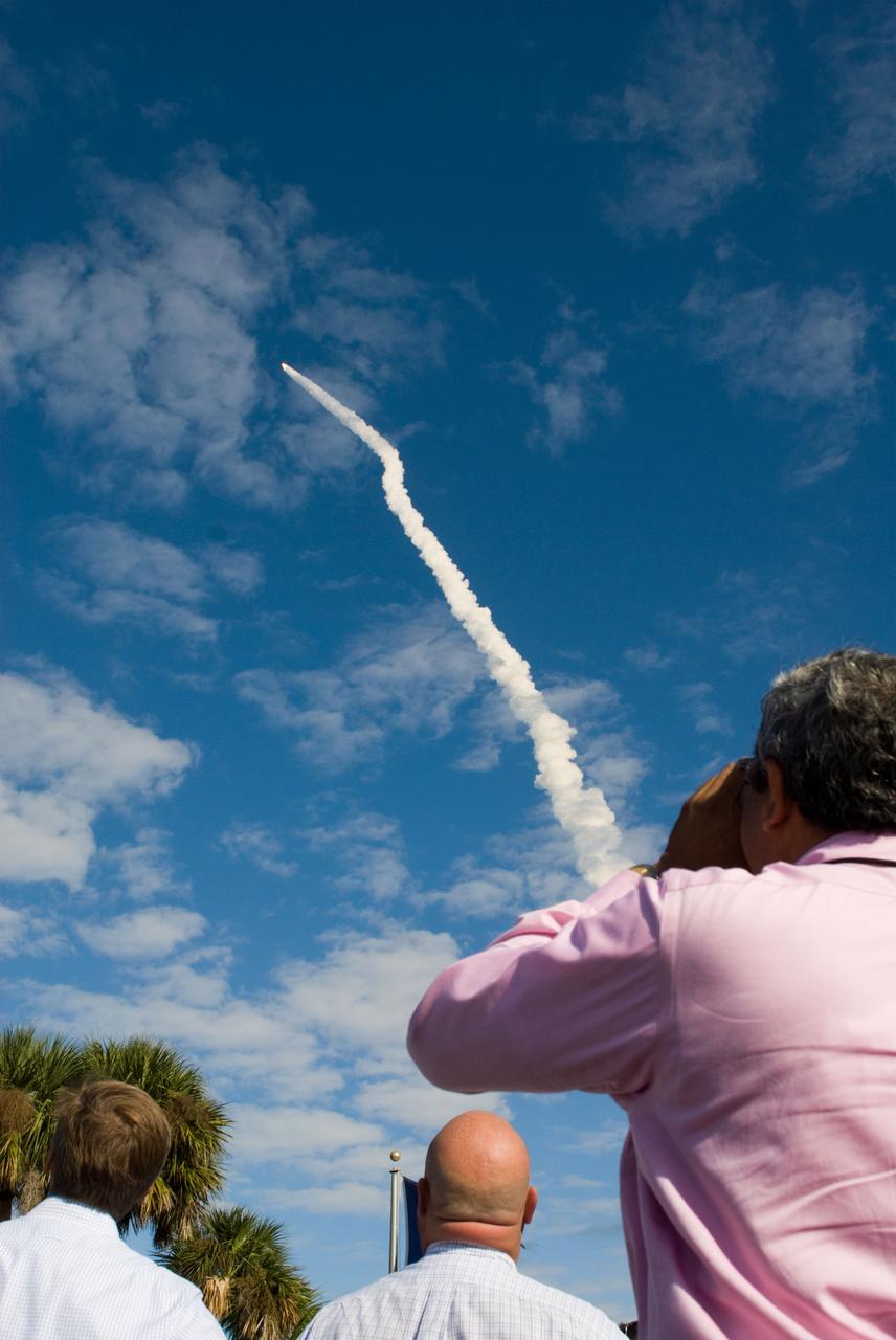 STS129-S-036 (16 Nov. 2009) --- Space Shuttle Atlantis and its six-member STS-129 crew head toward Earth orbit and rendezvous with the International Space Station. Liftoff was on time at 2:28 p.m. (EST) on Nov. 16, 2009 from launch pad 39A at NASA?s Kennedy Space Center, Florida. Onboard are astronauts Charles O. Hobaugh, commander; Barry E. Wilmore, pilot; along with Leland Melvin, Mike Foreman, Robert L. Satcher Jr. and Randy Bresnik, all mission specialists. Atlantis will deliver two Express Logistics Carriers to the station, the largest of the shuttle's cargo carriers, containing 15 spare pieces of equipment including two gyroscopes, two nitrogen tank assemblies, two pump modules, an ammonia tank assembly and a spare latching end effector for the station's robotic arm. Atlantis will return to Earth a station crew member, Nicole Stott, who has spent more than two months aboard the orbiting laboratory. STS-129 is slated to be the final space shuttle Expedition crew rotation flight.
