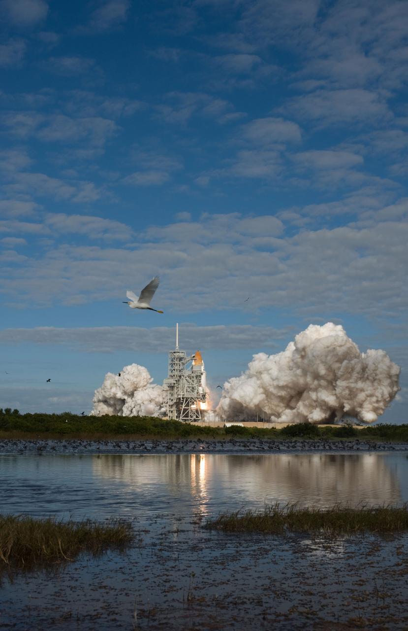 STS129-S-062 (16 Nov. 2009) --- Space Shuttle Atlantis and its six-member STS-129 crew head toward Earth orbit and rendezvous with the International Space Station. Liftoff was on time at 2:28 p.m. (EST) on Nov. 16, 2009 from launch pad 39A at NASA?s Kennedy Space Center, Florida. Onboard are astronauts Charles O. Hobaugh, commander; Barry E. Wilmore, pilot; along with Leland Melvin, Mike Foreman, Robert L. Satcher Jr. and Randy Bresnik, all mission specialists. Atlantis will deliver two Express Logistics Carriers to the station, the largest of the shuttle's cargo carriers, containing 15 spare pieces of equipment including two gyroscopes, two nitrogen tank assemblies, two pump modules, an ammonia tank assembly and a spare latching end effector for the station's robotic arm. Atlantis will return to Earth a station crew member, Nicole Stott, who has spent more than two months aboard the orbiting laboratory. STS-129 is slated to be the final space shuttle Expedition crew rotation flight.