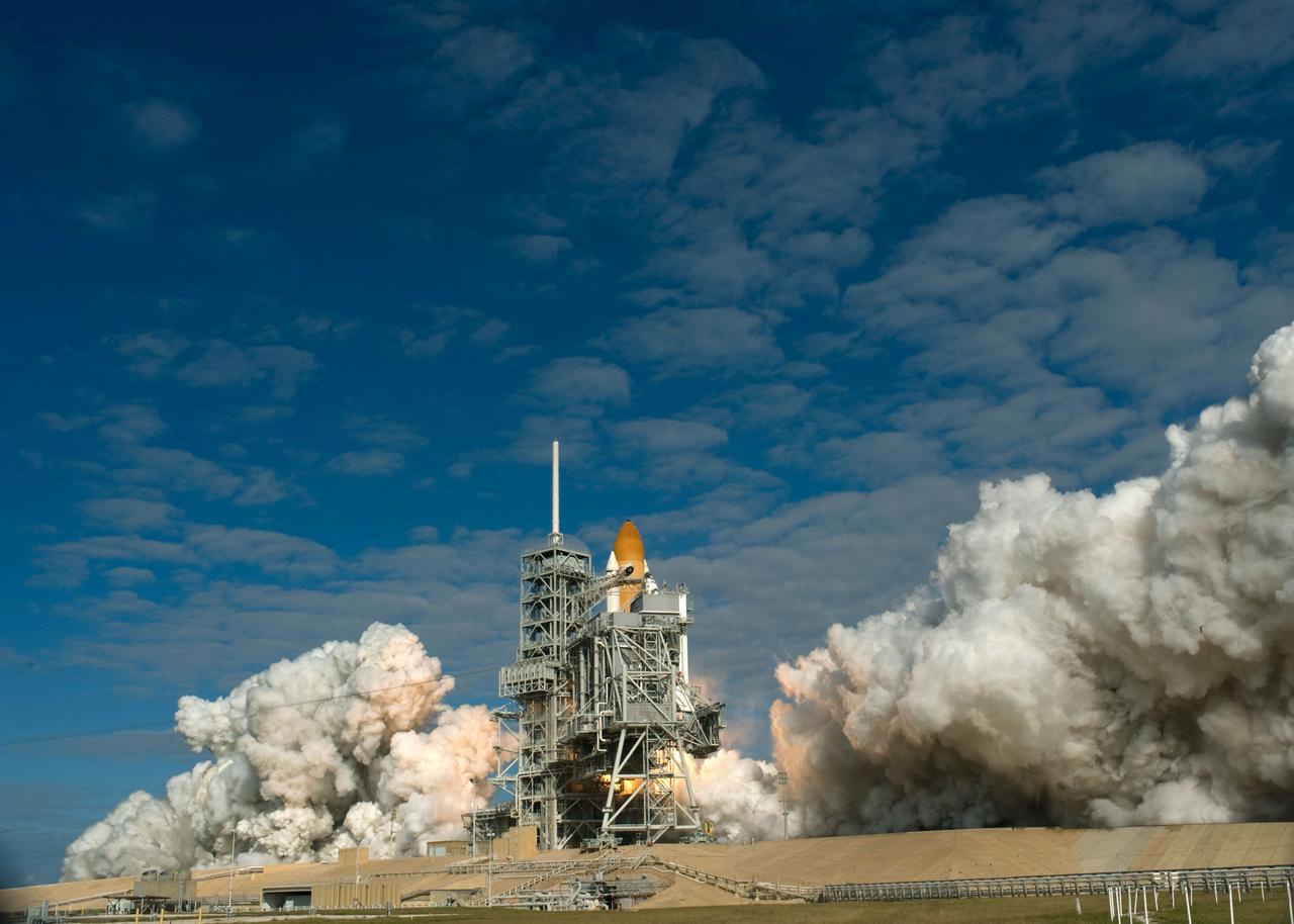 STS129-S-070 (16 Nov. 2009) --- Space Shuttle Atlantis and its six-member STS-129 crew head toward Earth orbit and rendezvous with the International Space Station. Liftoff was on time at 2:28 p.m. (EST) on Nov. 16, 2009 from launch pad 39A at NASA?s Kennedy Space Center, Florida. Onboard are astronauts Charles O. Hobaugh, commander; Barry E. Wilmore, pilot; along with Leland Melvin, Mike Foreman, Robert L. Satcher Jr. and Randy Bresnik, all mission specialists. Atlantis will deliver two Express Logistics Carriers to the station, the largest of the shuttle's cargo carriers, containing 15 spare pieces of equipment including two gyroscopes, two nitrogen tank assemblies, two pump modules, an ammonia tank assembly and a spare latching end effector for the station's robotic arm. Atlantis will return to Earth a station crew member, Nicole Stott, who has spent more than two months aboard the orbiting laboratory. STS-129 is slated to be the final space shuttle Expedition crew rotation flight.