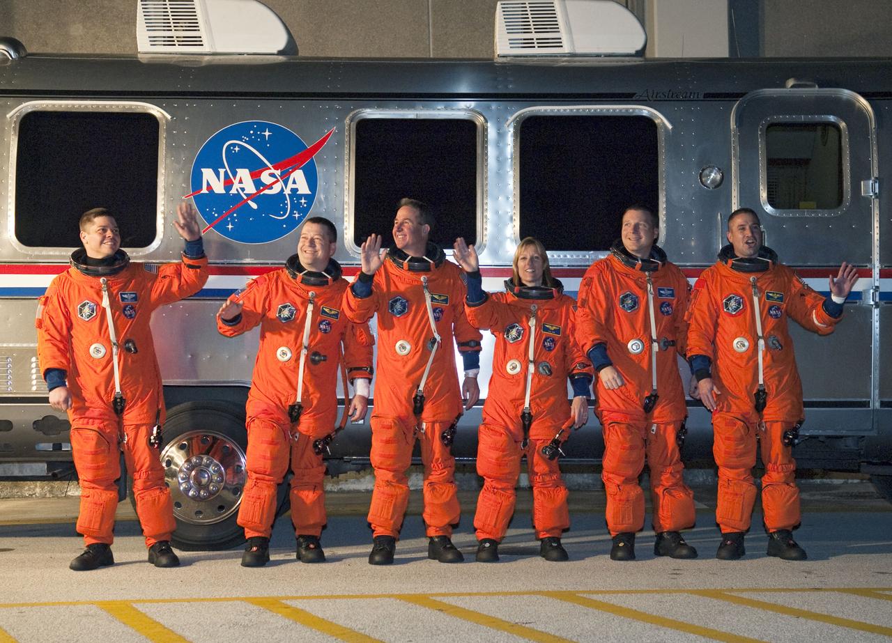 STS130-S-016 (8 Feb. 2010) --- After suiting up, the STS-130 crew members pause alongside the Astrovan to wave farewell to onlookers before heading for launch pad 39A for the launch of space shuttle Endeavour on the STS-130 mission. From the right are NASA astronauts George Zamka, commander; Terry Virts, pilot; Kathryn Hire, Stephen Robinson, Nicholas Patrick and Robert Behnken, all mission specialists. This is the second launch attempt for Endeavour's STS-130 crew. The first attempt on Feb. 7 was scrubbed due to unfavorable weather. The primary payload for the STS-130 mission to the International Space Station is the Tranquility node, a pressurized module that will provide additional room for crew members and many of the station's life support and environmental control systems. Attached to one end of Tranquility is the Cupola module, a unique work area with six windows on its sides and one on top. The Cupola resembles a circular bay window and will provide a vastly improved view of the station's exterior. The multi-directional view will allow the crew to monitor spacewalks and docking operations, as well as provide a spectacular view of Earth and other celestial objects. The module was built in Turin, Italy, by Thales Alenia Space for the European Space Agency. Endeavour's launch is set for Feb. 8, 2010, at 4:14 a.m. (EST).