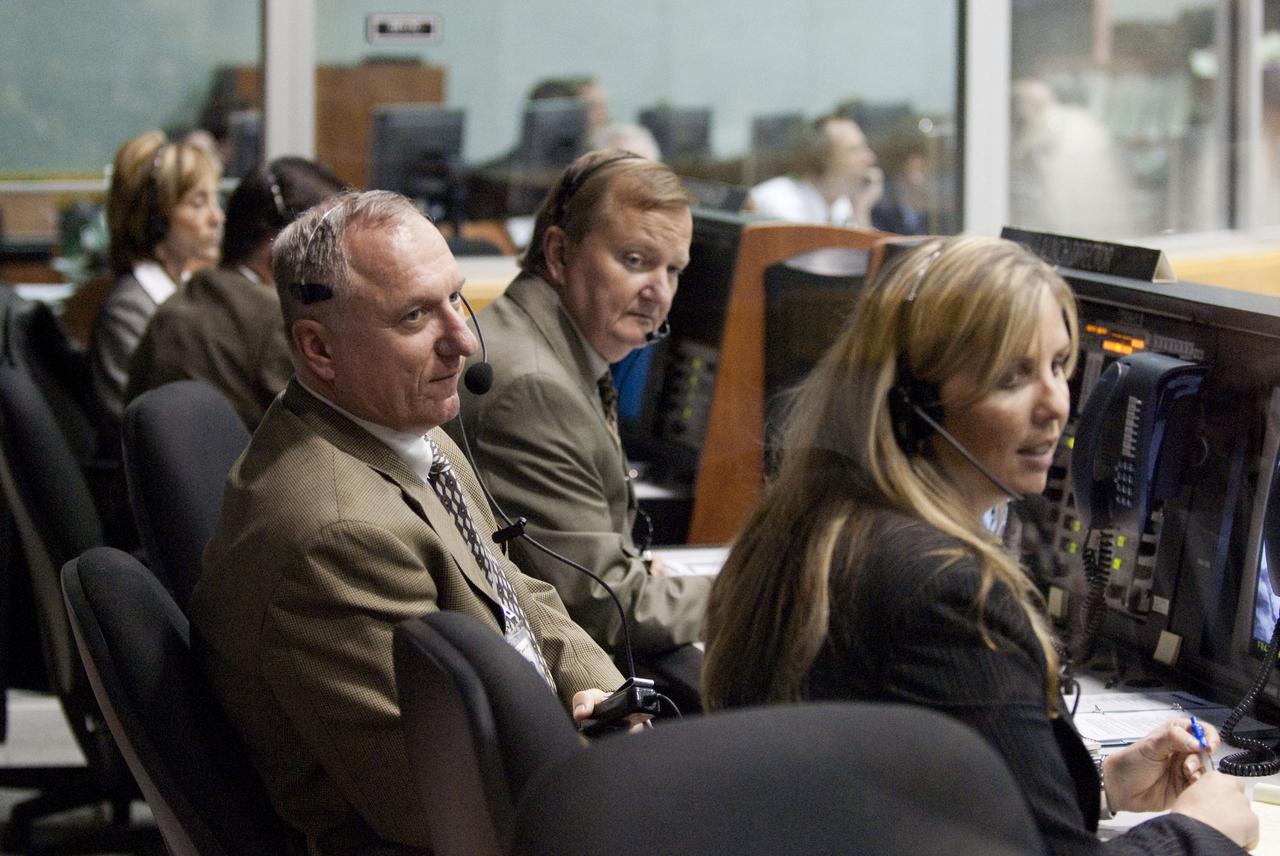 STS130-S-022 (8 Feb. 2010) --- In Firing Room 4 in the Launch Control Center at NASA's Kennedy Space Center in Florida, from top, Mike Leinbach, shuttle launch director; Pete Nickolenko, assistant launch director; and Dana Hutcherson, flow director for space shuttle Endeavour, manage the countdown to liftoff of Endeavour. Launch of Endeavour on the STS-130 mission to the International Space Station was at 4:14 a.m. (EST) on Feb. 8, 2010. This was the second launch attempt for Endeavour's STS-130 crew and the final scheduled space shuttle night launch. The first attempt on Feb. 7 was scrubbed due to unfavorable weather. The primary payload for the STS-130 mission to the International Space Station is the Tranquility node, a pressurized module that will provide additional room for crew members and many of the station's life support and environmental control systems. Attached to one end of Tranquility is the Cupola, a unique work area with six windows on its sides and one on top. The Cupola resembles a circular bay window and will provide a vastly improved view of the station's exterior. The multi-directional view will allow the crew to monitor spacewalks and docking operations, as well as provide a spectacular view of Earth and other celestial objects. The module was built in Turin, Italy, by Thales Alenia Space for the European Space Agency.