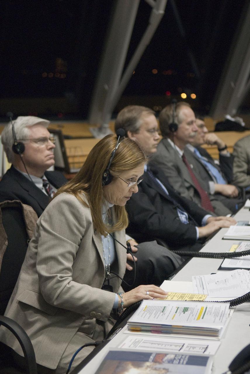 STS130-S-023 (8 Feb. 2010) --- In Firing Room 4 in the Launch Control Center at NASA's Kennedy Space Center in Florida, NASA managers monitor the countdown of space shuttle Endeavour. From left are Janet Petro, Kennedy Space Center deputy director; Michael Coats, Johnson Space Center director (leaning back); John Shannon, Space Shuttle Program manager; Bill Gerstenmaier, associate administrator for Space Operations; and Chris Scolese, NASA associate administrator. Launch of Endeavour on the STS-130 mission to the International Space Station was at 4:14 a.m. (EST) on Feb. 8, 2010. This was the second launch attempt for Endeavour's STS-130 crew and the final scheduled space shuttle night launch. The first attempt on Feb. 7 was scrubbed due to unfavorable weather. The primary payload for the STS-130 mission to the International Space Station is the Tranquility node, a pressurized module that will provide additional room for crew members and many of the station's life support and environmental control systems. Attached to one end of Tranquility is the Cupola, a unique work area with six windows on its sides and one on top. The Cupola resembles a circular bay window and will provide a vastly improved view of the station's exterior. The multi-directional view will allow the crew to monitor spacewalks and docking operations, as well as provide a spectacular view of Earth and other celestial objects. The module was built in Turin, Italy, by Thales Alenia Space for the European Space Agency.