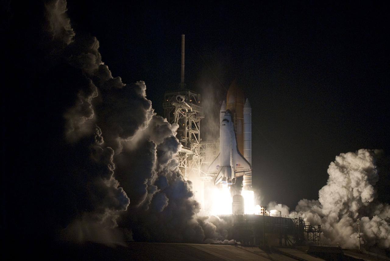 STS130-S-036 (8 Feb. 2010) --- Against a black night sky, space shuttle Endeavour and its six-member STS-130 crew head toward Earth orbit and rendezvous with the International Space Station. Liftoff was at 4:14 a.m. (EST) on Feb. 8, 2010 from launch pad 39A at NASA's Kennedy Space Center. Onboard are NASA astronauts George Zamka, commander; Terry Virts, pilot; Robert Behnken, Kathryn Hire, Nicholas Patrick and Stephen Robinson, all mission specialists. This was the second launch attempt for Endeavour's STS-130 crew and the final scheduled space shuttle night launch. The first attempt on Feb. 7 was scrubbed due to unfavorable weather. The primary payload for the STS-130 mission to the International Space Station is the Tranquility node, a pressurized module that will provide additional room for crew members and many of the station's life support and environmental control systems. Attached to one end of Tranquility is the Cupola module, a unique work area with six windows on its sides and one on top. The Cupola resembles a circular bay window and will provide a vastly improved view of the station's exterior. The multi-directional view will allow the crew to monitor spacewalks and docking operations, as well as provide a spectacular view of Earth and other celestial objects. The module was built in Turin, Italy, by Thales Alenia Space for the European Space Agency.