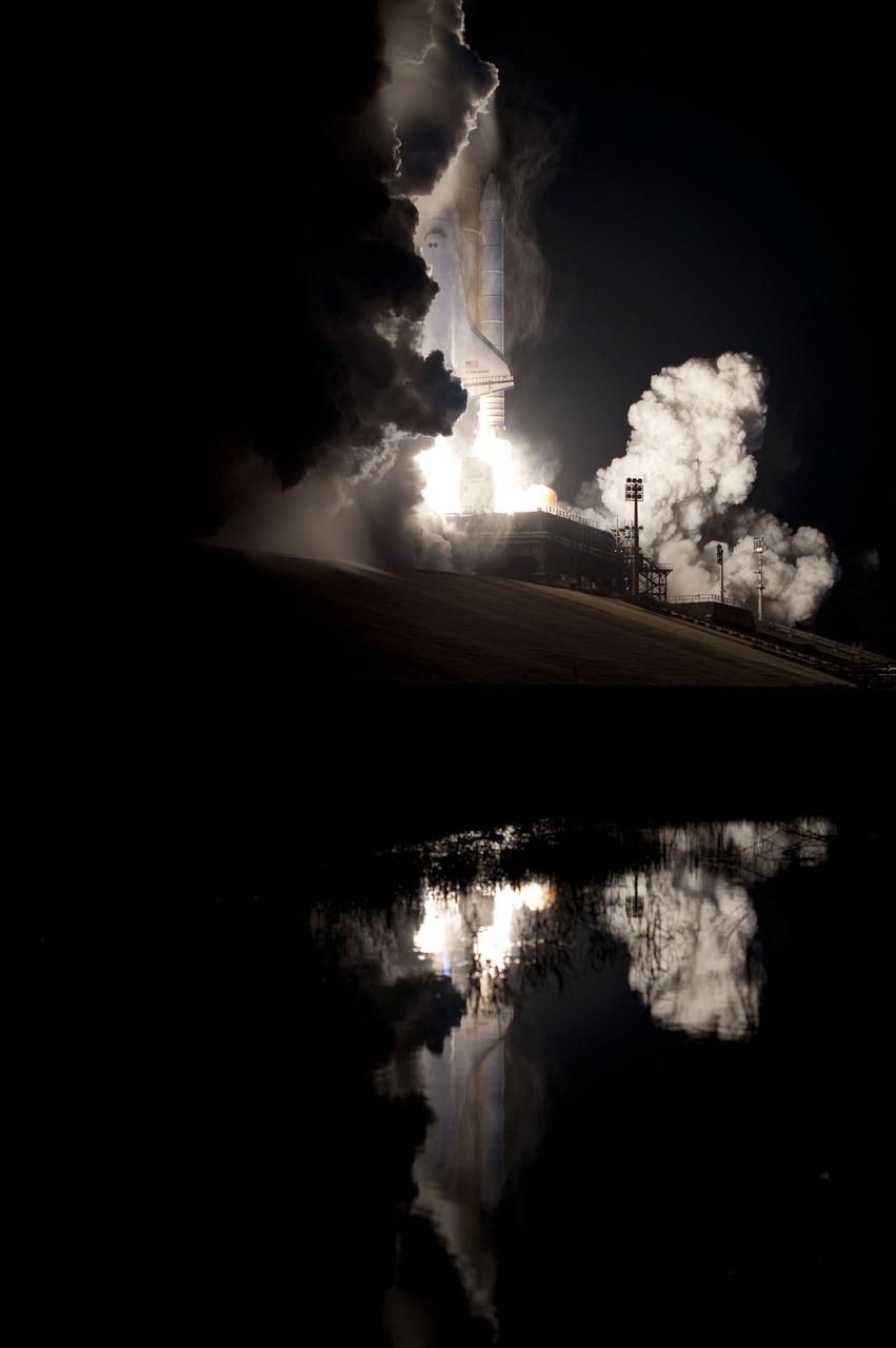 STS130-S-048 (8 Feb. 2010) --- Against a black night sky, space shuttle Endeavour and its six-member STS-130 crew head toward Earth orbit and rendezvous with the International Space Station. Liftoff was at 4:14 a.m. (EST) on Feb. 8, 2010 from launch pad 39A at NASA's Kennedy Space Center. Onboard are NASA astronauts George Zamka, commander; Terry Virts, pilot; Robert Behnken, Kathryn Hire, Nicholas Patrick and Stephen Robinson, all mission specialists. This was the second launch attempt for Endeavour's STS-130 crew and the final scheduled space shuttle night launch. The first attempt on Feb. 7 was scrubbed due to unfavorable weather. The primary payload for the STS-130 mission to the International Space Station is the Tranquility node, a pressurized module that will provide additional room for crew members and many of the station's life support and environmental control systems. Attached to one end of Tranquility is the Cupola module, a unique work area with six windows on its sides and one on top. The Cupola resembles a circular bay window and will provide a vastly improved view of the station's exterior. The multi-directional view will allow the crew to monitor spacewalks and docking operations, as well as provide a spectacular view of Earth and other celestial objects. The module was built in Turin, Italy, by Thales Alenia Space for the European Space Agency.