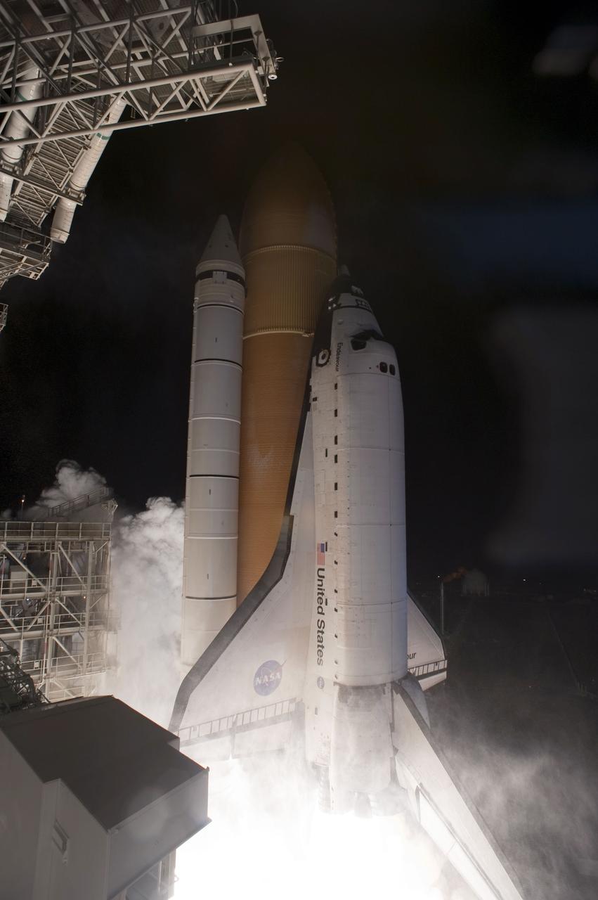 STS130-S-055 (8 Feb. 2010) --- Against a black night sky, space shuttle Endeavour and its six-member STS-130 crew head toward Earth orbit and rendezvous with the International Space Station. Liftoff was at 4:14 a.m. (EST) on Feb. 8, 2010 from launch pad 39A at NASA's Kennedy Space Center. Onboard are NASA astronauts George Zamka, commander; Terry Virts, pilot; Robert Behnken, Kathryn Hire, Nicholas Patrick and Stephen Robinson, all mission specialists. This was the second launch attempt for Endeavour's STS-130 crew and the final scheduled space shuttle night launch. The first attempt on Feb. 7 was scrubbed due to unfavorable weather. The primary payload for the STS-130 mission to the International Space Station is the Tranquility node, a pressurized module that will provide additional room for crew members and many of the station's life support and environmental control systems. Attached to one end of Tranquility is the Cupola module, a unique work area with six windows on its sides and one on top. The Cupola resembles a circular bay window and will provide a vastly improved view of the station's exterior. The multi-directional view will allow the crew to monitor spacewalks and docking operations, as well as provide a spectacular view of Earth and other celestial objects. The module was built in Turin, Italy, by Thales Alenia Space for the European Space Agency.