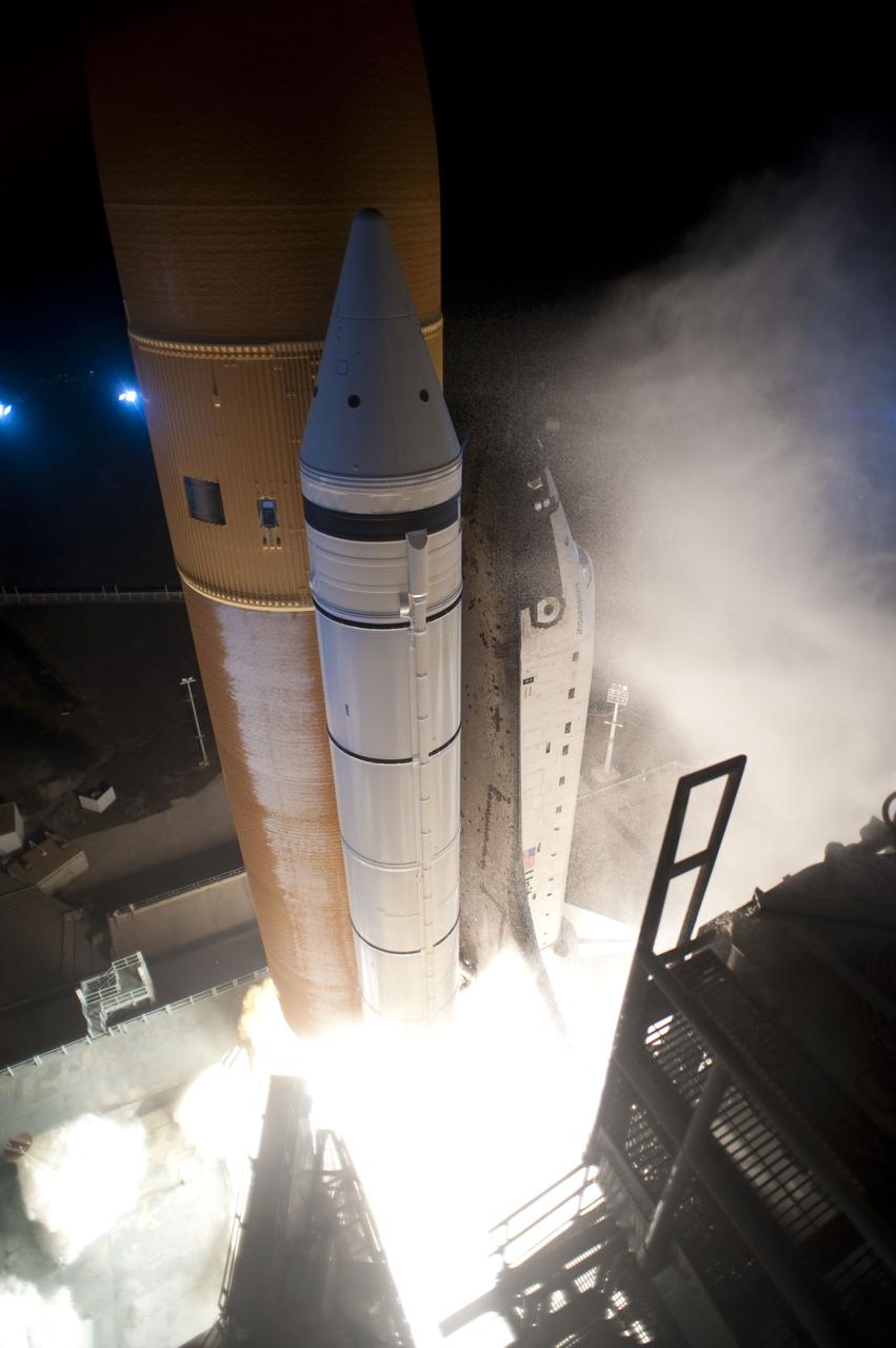 STS130-S-057 (8 Feb. 2010) --- Against a black night sky, space shuttle Endeavour and its six-member STS-130 crew head toward Earth orbit and rendezvous with the International Space Station. Liftoff was at 4:14 a.m. (EST) on Feb. 8, 2010 from launch pad 39A at NASA's Kennedy Space Center. Onboard are NASA astronauts George Zamka, commander; Terry Virts, pilot; Robert Behnken, Kathryn Hire, Nicholas Patrick and Stephen Robinson, all mission specialists. This was the second launch attempt for Endeavour's STS-130 crew and the final scheduled space shuttle night launch. The first attempt on Feb. 7 was scrubbed due to unfavorable weather. The primary payload for the STS-130 mission to the International Space Station is the Tranquility node, a pressurized module that will provide additional room for crew members and many of the station's life support and environmental control systems. Attached to one end of Tranquility is the Cupola module, a unique work area with six windows on its sides and one on top. The Cupola resembles a circular bay window and will provide a vastly improved view of the station's exterior. The multi-directional view will allow the crew to monitor spacewalks and docking operations, as well as provide a spectacular view of Earth and other celestial objects. The module was built in Turin, Italy, by Thales Alenia Space for the European Space Agency.