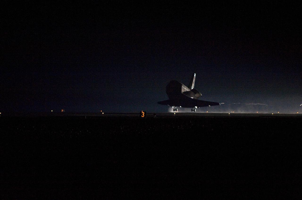 STS130-S-083 (21 Feb. 2010) --- Space shuttle Endeavour lands on Runway 15 at the Shuttle Landing Facility at NASA's Kennedy Space Center in Florida after 14 days in space, completing the 5.7-million-mile STS-130 mission to the International Space Station on orbit 217. Main gear touchdown was at 10:20:31 p.m. (EST) on Feb. 21, 2010; followed by nose gear touchdown at 10:20:39 p.m. and wheels stop at 10:22:10 p.m. It was the 23rd night landing in shuttle history and the 17th at Kennedy. Aboard are NASA astronauts George Zamka, commander; Terry Virts, pilot; Robert Behnken, Nicholas Patrick, Kathryn Hire and Stephen Robinson, all mission specialists. During Endeavour's STS-130 mission, astronauts installed the Tranquility node, a module that provides additional room for crew members and many of the station's life support and environmental control systems. Attached to Tranquility is a Cupola with seven windows that provide a panoramic view of Earth, celestial objects and visiting spacecraft. The module was built in Turin, Italy, by Thales Alenia Space for the European Space Agency. The orbiting laboratory is approximately 90 percent complete now in terms of mass. STS-130 was the 24th flight for Endeavour, the 32nd shuttle mission devoted to ISS assembly and maintenance, and the 130th shuttle mission to date.