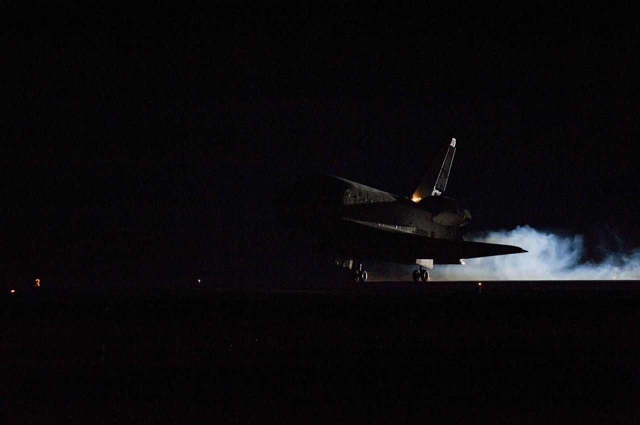 STS130-S-084 (21 Feb. 2010) --- Space shuttle Endeavour lands on Runway 15 at the Shuttle Landing Facility at NASA's Kennedy Space Center in Florida after 14 days in space, completing the 5.7-million-mile STS-130 mission to the International Space Station on orbit 217. Main gear touchdown was at 10:20:31 p.m. (EST) on Feb. 21, 2010; followed by nose gear touchdown at 10:20:39 p.m. and wheels stop at 10:22:10 p.m. It was the 23rd night landing in shuttle history and the 17th at Kennedy. Aboard are NASA astronauts George Zamka, commander; Terry Virts, pilot; Robert Behnken, Nicholas Patrick, Kathryn Hire and Stephen Robinson, all mission specialists. During Endeavour's STS-130 mission, astronauts installed the Tranquility node, a module that provides additional room for crew members and many of the station's life support and environmental control systems. Attached to Tranquility is a Cupola with seven windows that provide a panoramic view of Earth, celestial objects and visiting spacecraft. The module was built in Turin, Italy, by Thales Alenia Space for the European Space Agency. The orbiting laboratory is approximately 90 percent complete now in terms of mass. STS-130 was the 24th flight for Endeavour, the 32nd shuttle mission devoted to ISS assembly and maintenance, and the 130th shuttle mission to date.