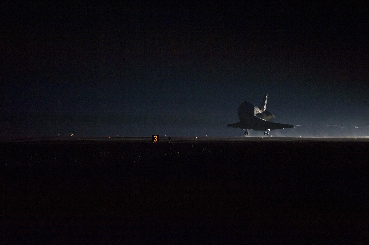 STS130-S-087 (21 Feb. 2010) --- Space shuttle Endeavour lands on Runway 15 at the Shuttle Landing Facility at NASA's Kennedy Space Center in Florida after 14 days in space, completing the 5.7-million-mile STS-130 mission to the International Space Station on orbit 217. Main gear touchdown was at 10:20:31 p.m. (EST) on Feb. 21, 2010; followed by nose gear touchdown at 10:20:39 p.m. and wheels stop at 10:22:10 p.m. It was the 23rd night landing in shuttle history and the 17th at Kennedy. Aboard are NASA astronauts George Zamka, commander; Terry Virts, pilot; Robert Behnken, Nicholas Patrick, Kathryn Hire and Stephen Robinson, all mission specialists. During Endeavour's STS-130 mission, astronauts installed the Tranquility node, a module that provides additional room for crew members and many of the station's life support and environmental control systems. Attached to Tranquility is a Cupola with seven windows that provide a panoramic view of Earth, celestial objects and visiting spacecraft. The module was built in Turin, Italy, by Thales Alenia Space for the European Space Agency. The orbiting laboratory is approximately 90 percent complete now in terms of mass. STS-130 was the 24th flight for Endeavour, the 32nd shuttle mission devoted to ISS assembly and maintenance, and the 130th shuttle mission to date.