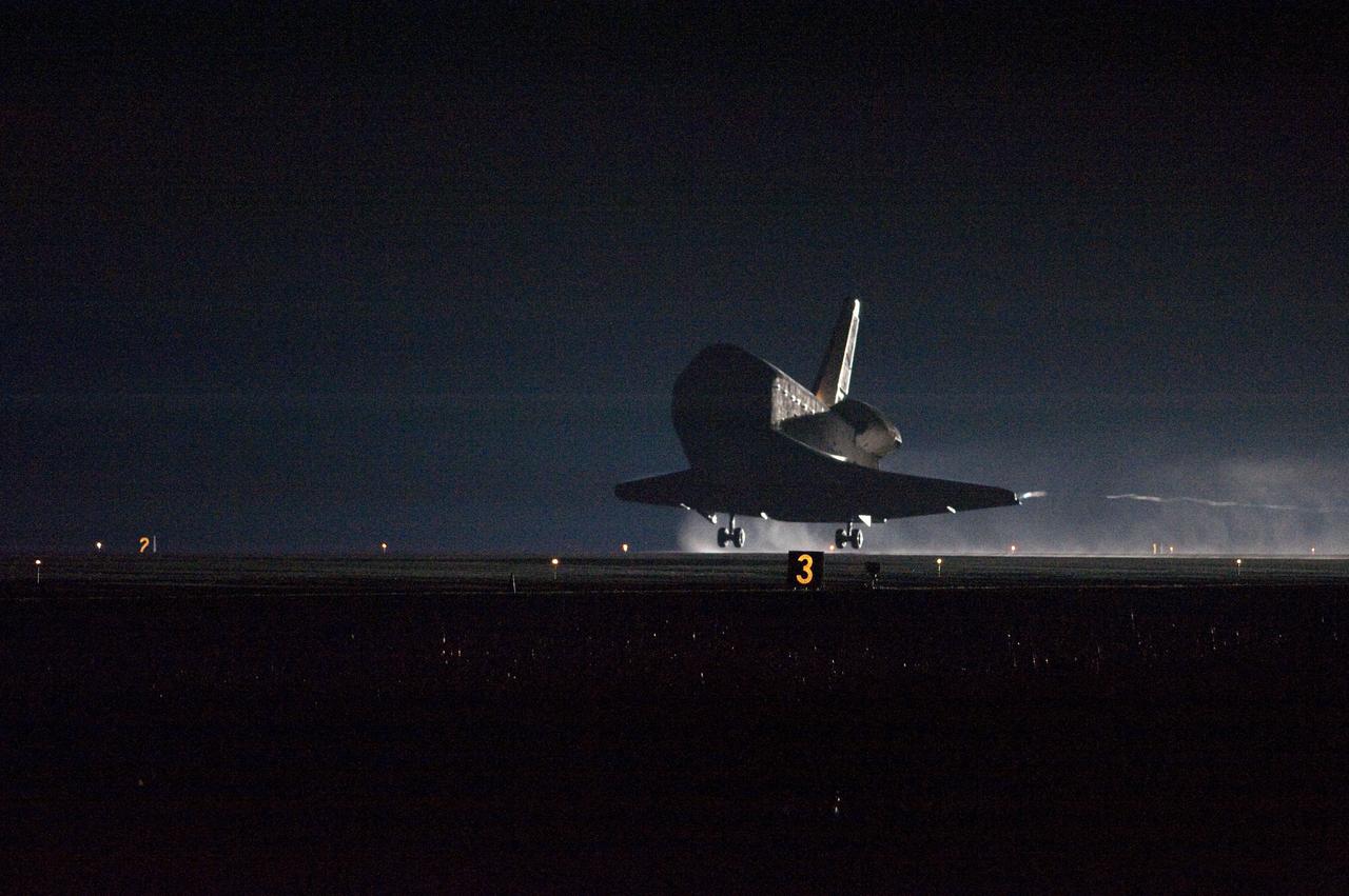 STS130-S-090 (21 Feb. 2010) --- Space shuttle Endeavour lands on Runway 15 at the Shuttle Landing Facility at NASA's Kennedy Space Center in Florida after 14 days in space, completing the 5.7-million-mile STS-130 mission to the International Space Station on orbit 217. Main gear touchdown was at 10:20:31 p.m. (EST) on Feb. 21, 2010; followed by nose gear touchdown at 10:20:39 p.m. and wheels stop at 10:22:10 p.m. It was the 23rd night landing in shuttle history and the 17th at Kennedy. Aboard are NASA astronauts George Zamka, commander; Terry Virts, pilot; Robert Behnken, Nicholas Patrick, Kathryn Hire and Stephen Robinson, all mission specialists. During Endeavour's STS-130 mission, astronauts installed the Tranquility node, a module that provides additional room for crew members and many of the station's life support and environmental control systems. Attached to Tranquility is a Cupola with seven windows that provide a panoramic view of Earth, celestial objects and visiting spacecraft. The module was built in Turin, Italy, by Thales Alenia Space for the European Space Agency. The orbiting laboratory is approximately 90 percent complete now in terms of mass. STS-130 was the 24th flight for Endeavour, the 32nd shuttle mission devoted to ISS assembly and maintenance, and the 130th shuttle mission to date.