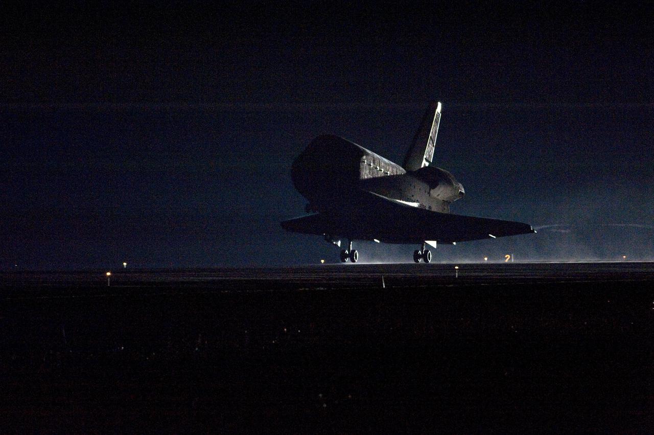 STS130-S-091 (21 Feb. 2010) --- Space shuttle Endeavour lands on Runway 15 at the Shuttle Landing Facility at NASA's Kennedy Space Center in Florida after 14 days in space, completing the 5.7-million-mile STS-130 mission to the International Space Station on orbit 217. Main gear touchdown was at 10:20:31 p.m. (EST) on Feb. 21, 2010; followed by nose gear touchdown at 10:20:39 p.m. and wheels stop at 10:22:10 p.m. It was the 23rd night landing in shuttle history and the 17th at Kennedy. Aboard are NASA astronauts George Zamka, commander; Terry Virts, pilot; Robert Behnken, Nicholas Patrick, Kathryn Hire and Stephen Robinson, all mission specialists. During Endeavour's STS-130 mission, astronauts installed the Tranquility node, a module that provides additional room for crew members and many of the station's life support and environmental control systems. Attached to Tranquility is a Cupola with seven windows that provide a panoramic view of Earth, celestial objects and visiting spacecraft. The module was built in Turin, Italy, by Thales Alenia Space for the European Space Agency. The orbiting laboratory is approximately 90 percent complete now in terms of mass. STS-130 was the 24th flight for Endeavour, the 32nd shuttle mission devoted to ISS assembly and maintenance, and the 130th shuttle mission to date.