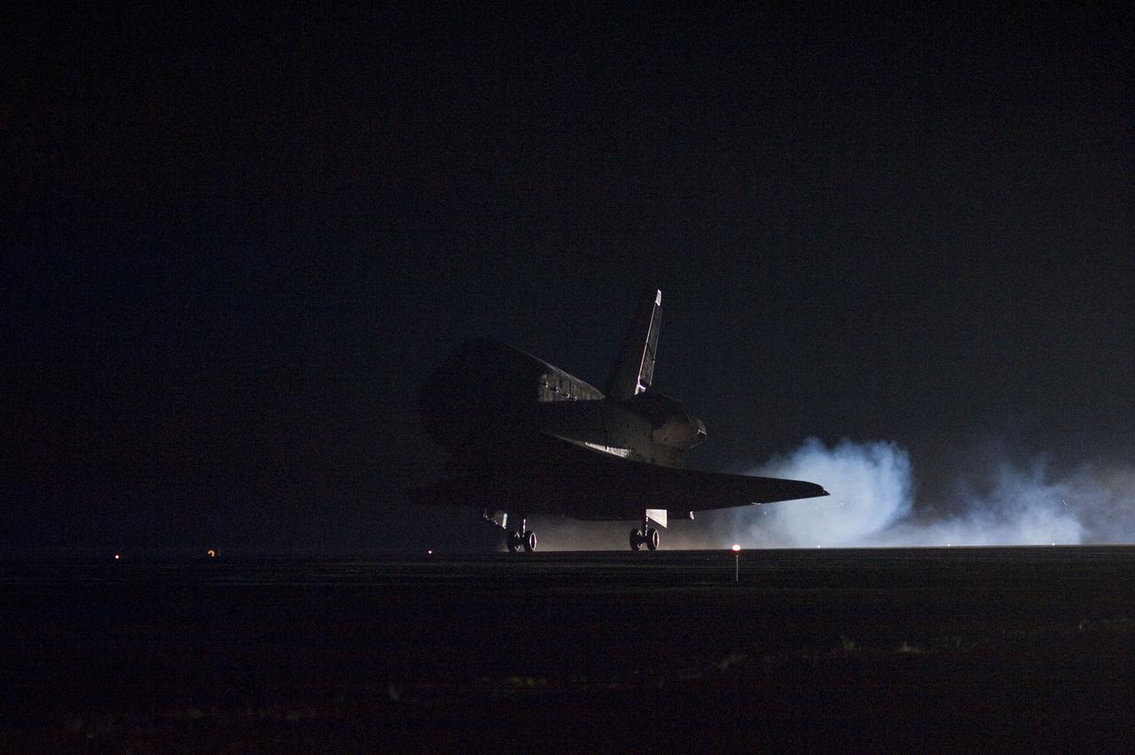 STS130-S-095 (21 Feb. 2010) --- Space shuttle Endeavour lands on Runway 15 at the Shuttle Landing Facility at NASA's Kennedy Space Center in Florida after 14 days in space, completing the 5.7-million-mile STS-130 mission to the International Space Station on orbit 217. Main gear touchdown was at 10:20:31 p.m. (EST) on Feb. 21, 2010; followed by nose gear touchdown at 10:20:39 p.m. and wheels stop at 10:22:10 p.m. It was the 23rd night landing in shuttle history and the 17th at Kennedy. Aboard are NASA astronauts George Zamka, commander; Terry Virts, pilot; Robert Behnken, Nicholas Patrick, Kathryn Hire and Stephen Robinson, all mission specialists. During Endeavour's STS-130 mission, astronauts installed the Tranquility node, a module that provides additional room for crew members and many of the station's life support and environmental control systems. Attached to Tranquility is a Cupola with seven windows that provide a panoramic view of Earth, celestial objects and visiting spacecraft. The module was built in Turin, Italy, by Thales Alenia Space for the European Space Agency. The orbiting laboratory is approximately 90 percent complete now in terms of mass. STS-130 was the 24th flight for Endeavour, the 32nd shuttle mission devoted to ISS assembly and maintenance, and the 130th shuttle mission to date.