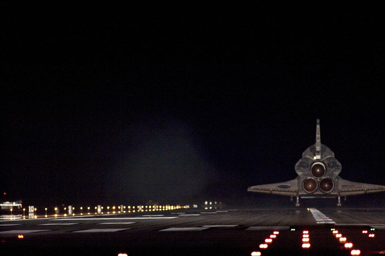 STS130-S-101 (21 Feb. 2010) --- Space shuttle Endeavour lands on Runway 15 at the Shuttle Landing Facility at NASA's Kennedy Space Center in Florida after 14 days in space, completing the 5.7-million-mile STS-130 mission to the International Space Station on orbit 217. Main gear touchdown was at 10:20:31 p.m. (EST) on Feb. 21, 2010; followed by nose gear touchdown at 10:20:39 p.m. and wheels stop at 10:22:10 p.m. It was the 23rd night landing in shuttle history and the 17th at Kennedy. Aboard are NASA astronauts George Zamka, commander; Terry Virts, pilot; Robert Behnken, Nicholas Patrick, Kathryn Hire and Stephen Robinson, all mission specialists. During Endeavour's STS-130 mission, astronauts installed the Tranquility node, a module that provides additional room for crew members and many of the station's life support and environmental control systems. Attached to Tranquility is a Cupola with seven windows that provide a panoramic view of Earth, celestial objects and visiting spacecraft. The module was built in Turin, Italy, by Thales Alenia Space for the European Space Agency. The orbiting laboratory is approximately 90 percent complete now in terms of mass. STS-130 was the 24th flight for Endeavour, the 32nd shuttle mission devoted to ISS assembly and maintenance, and the 130th shuttle mission to date.