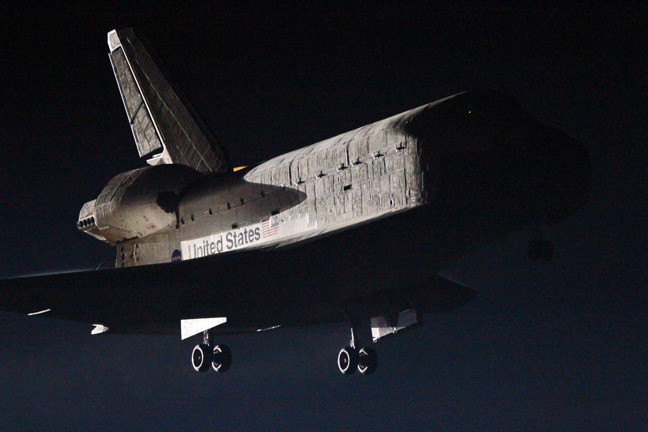 STS130-S-124 (21 Feb. 2010) --- With landing gear down, space shuttle Endeavour nears touchdown on Runway 15 at the Shuttle Landing Facility at NASA's Kennedy Space Center in Florida after 14 days in space, completing the 5.7-million-mile STS-130 mission on orbit 217. Main gear touchdown was at 10:20:31 p.m. (EST) on Feb. 21, 2010; followed by nose gear touchdown at 10:20:39 p.m. and wheels stop at 10:22:10 p.m. It was the 23rd night landing in shuttle history and the 17th at Kennedy. Aboard are NASA astronauts George Zamka, commander; Terry Virts, pilot; Robert Behnken, Nicholas Patrick, Kathryn Hire and Stephen Robinson, all mission specialists. During Endeavour's STS-130 mission, astronauts installed the Tranquility node, a module that provides additional room for crew members and many of the station's life support and environmental control systems. Attached to Tranquility is a Cupola with seven windows that provide a panoramic view of Earth, celestial objects and visiting spacecraft. The module was built in Turin, Italy, by Thales Alenia Space for the European Space Agency. The orbiting laboratory is approximately 90 percent complete now in terms of mass. STS-130 was the 24th flight for Endeavour, the 32nd shuttle mission devoted to ISS assembly and maintenance, and the 130th shuttle mission to date.