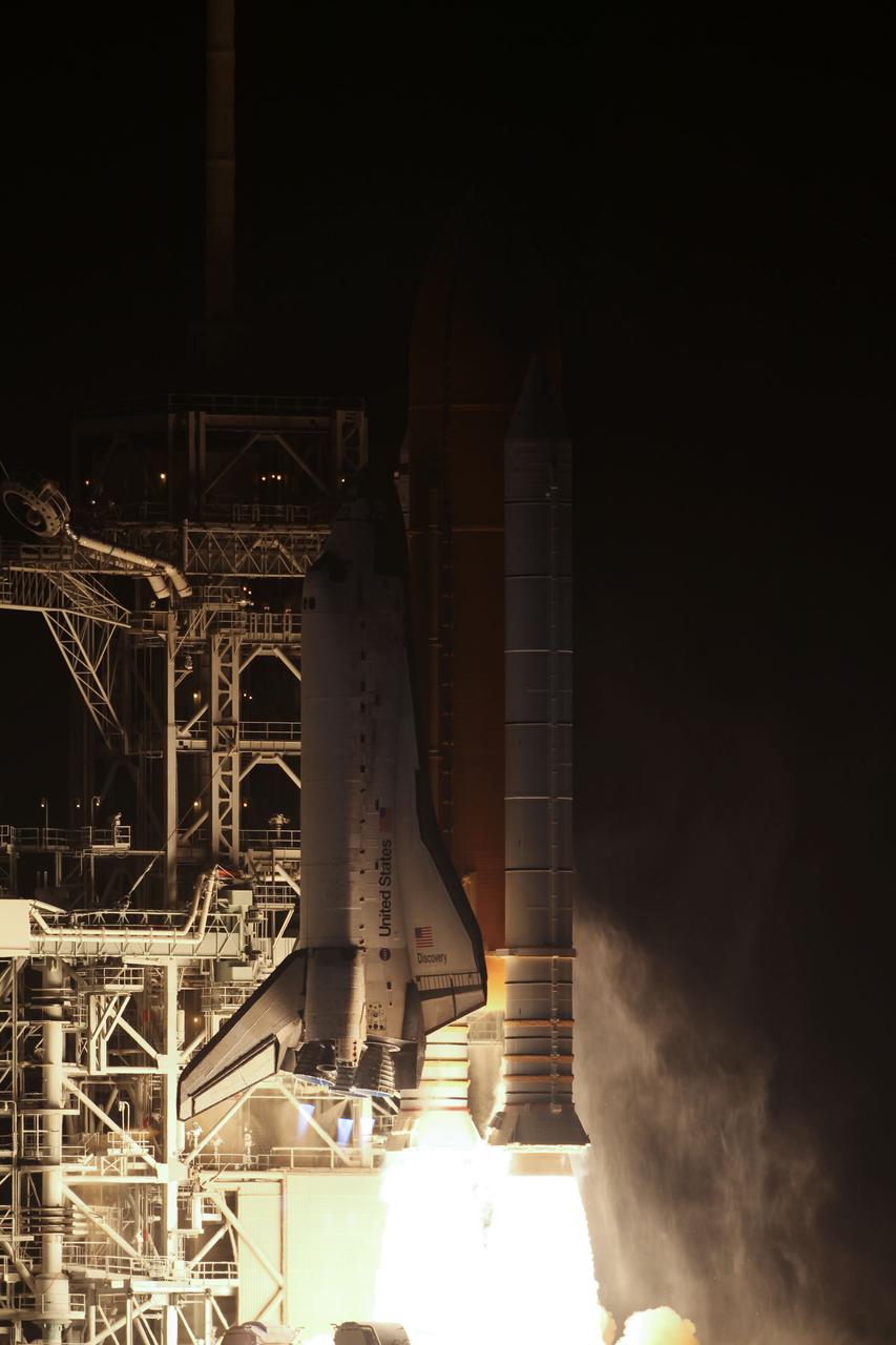 STS131-S-016 (5 April 2010) --- Space shuttle Discovery and its seven-member STS-131 crew head toward Earth orbit and rendezvous with the International Space Station. Liftoff was at 6:21 a.m. (EDT) on April 5, 2010, from launch pad 39A at NASA's Kennedy Space Center. Onboard are NASA astronauts Alan Poindexter, commander; James P. Dutton Jr., pilot; Rick Mastracchio, Dorothy Metcalf-Lindenburger, Stephanie Wilson and Clayton Anderson; along with Japan Aerospace Exploration Agency (JAXA) astronaut Naoko Yamazaki, all mission specialists. The crew will deliver the multi-purpose logistics module Leonardo, filled with supplies, a new crew sleeping quarters and science racks that will be transferred to the International Space Station's laboratories. The crew also will switch out a gyroscope on the station’s truss structure, install a spare ammonia storage tank and retrieve a Japanese experiment from the station’s exterior. STS-131 is the 33rd shuttle mission to the station and the 131st shuttle mission overall.