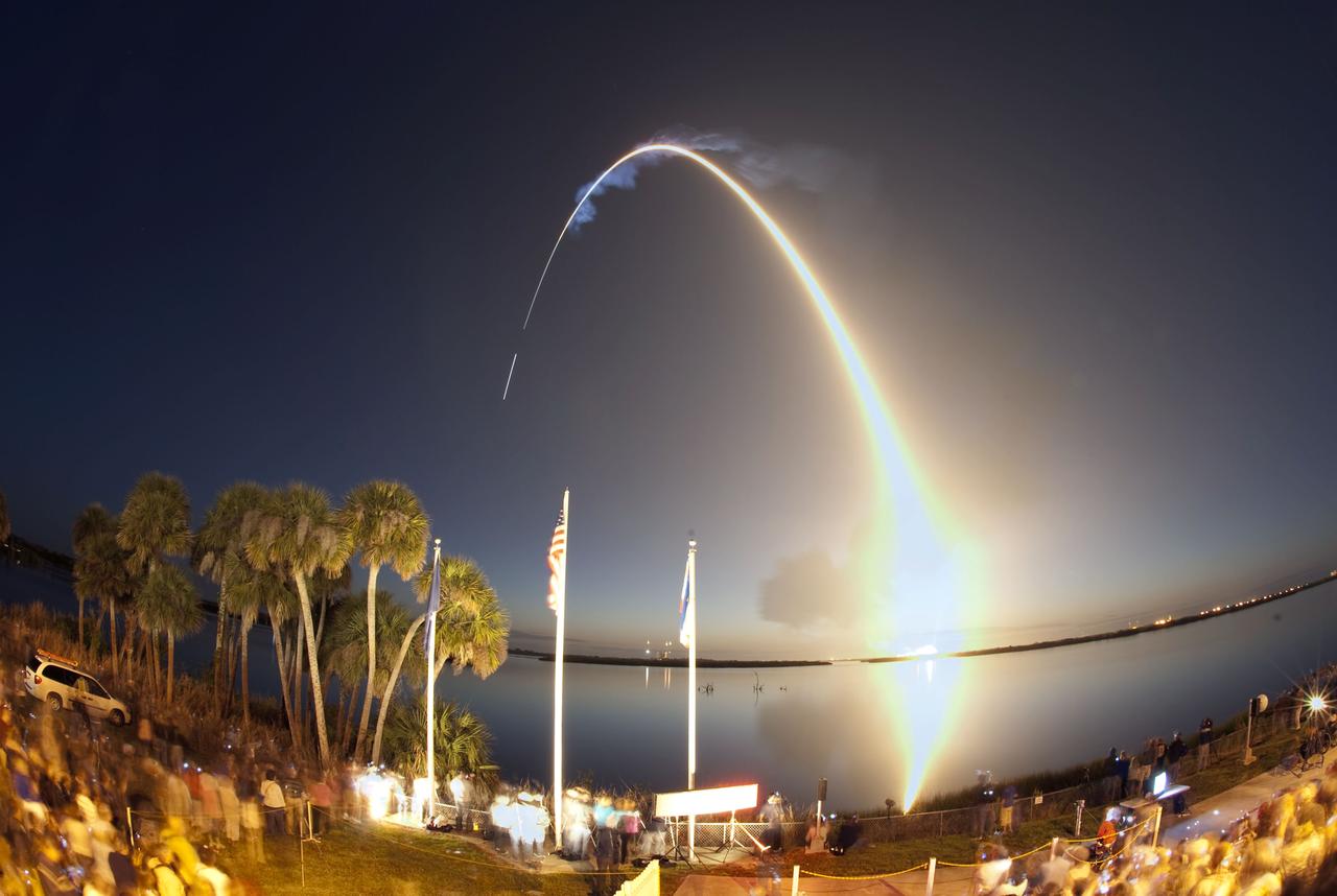 STS131-S-020 (5 April 2010) --- Time-elapsed photography captures space shuttle Discovery's path to orbit. Liftoff from Launch Pad 39A at NASA's Kennedy Space Center in Florida was at 6:21 a.m. (EDT) April 5, 2010 on the STS-131 mission. Onboard are NASA astronauts Alan Poindexter, commander; James P. Dutton Jr., pilot; Rick Mastracchio, Dorothy Metcalf-Lindenburger, Stephanie Wilson and Clayton Anderson; along with Japan Aerospace Exploration Agency (JAXA) astronaut Naoko Yamazaki, all mission specialists. The seven-member crew will deliver the multi-purpose logistics module Leonardo, filled with supplies, a new crew sleeping quarters and science racks that will be transferred to the International Space Station's laboratories. The crew also will switch out a gyroscope on the station’s truss structure, install a spare ammonia storage tank and retrieve a Japanese experiment from the station’s exterior. STS-131 is the 33rd shuttle mission to the station and the 131st shuttle mission overall.