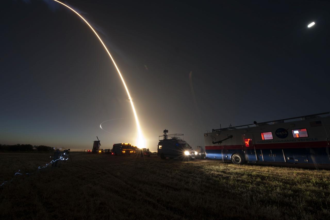 STS131-S-039 (5 April 2010) --- Time-elapsed photography captures space shuttle Discovery's path as it races to orbit. Liftoff of the STS-131 mission from Launch Pad 39A at NASA's Kennedy Space Center in Florida was at 6:21 a.m. (EDT) April 5, 2010. Onboard are NASA astronauts Alan Poindexter, commander; James P. Dutton Jr., pilot; Rick Mastracchio, Dorothy Metcalf-Lindenburger, Stephanie Wilson and Clayton Anderson; along with Japan Aerospace Exploration Agency (JAXA) astronaut Naoko Yamazaki, all mission specialists. The seven-member crew will deliver the multi-purpose logistics module Leonardo, filled with supplies, a new crew sleeping quarters and science racks that will be transferred to the International Space Station's laboratories. The crew also will switch out a gyroscope on the station’s truss structure, install a spare ammonia storage tank and retrieve a Japanese experiment from the station’s exterior. STS-131 is the 33rd shuttle mission to the station and the 131st shuttle mission overall.