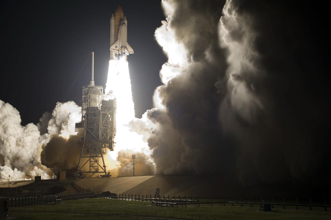 STS131-S-041 (5 April 2010) --- Space shuttle Discovery and its seven-member STS-131 crew head toward Earth orbit and rendezvous with the International Space Station. Liftoff was at 6:21 a.m. (EDT) on April 5, 2010, from launch pad 39A at NASA's Kennedy Space Center. Onboard are NASA astronauts Alan Poindexter, commander; James P. Dutton Jr., pilot; Rick Mastracchio, Dorothy Metcalf-Lindenburger, Stephanie Wilson and Clayton Anderson; along with Japan Aerospace Exploration Agency (JAXA) astronaut Naoko Yamazaki, all mission specialists. The crew will deliver the multi-purpose logistics module Leonardo, filled with supplies, a new crew sleeping quarters and science racks that will be transferred to the International Space Station's laboratories. The crew also will switch out a gyroscope on the station’s truss structure, install a spare ammonia storage tank and retrieve a Japanese experiment from the station’s exterior. STS-131 is the 33rd shuttle mission to the station and the 131st shuttle mission overall.