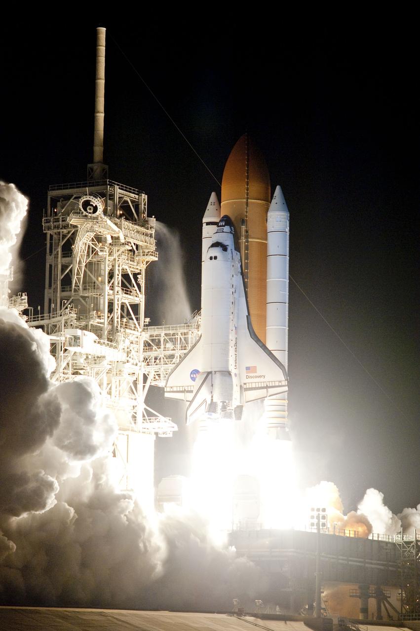 STS131-S-046 (5 April 2010) --- Space shuttle Discovery and its seven-member STS-131 crew head toward Earth orbit and rendezvous with the International Space Station. Liftoff was at 6:21 a.m. (EDT) on April 5, 2010, from launch pad 39A at NASA's Kennedy Space Center. Onboard are NASA astronauts Alan Poindexter, commander; James P. Dutton Jr., pilot; Rick Mastracchio, Dorothy Metcalf-Lindenburger, Stephanie Wilson and Clayton Anderson; along with Japan Aerospace Exploration Agency (JAXA) astronaut Naoko Yamazaki, all mission specialists. The crew will deliver the multi-purpose logistics module Leonardo, filled with supplies, a new crew sleeping quarters and science racks that will be transferred to the International Space Station's laboratories. The crew also will switch out a gyroscope on the station’s truss structure, install a spare ammonia storage tank and retrieve a Japanese experiment from the station’s exterior. STS-131 is the 33rd shuttle mission to the station and the 131st shuttle mission overall.