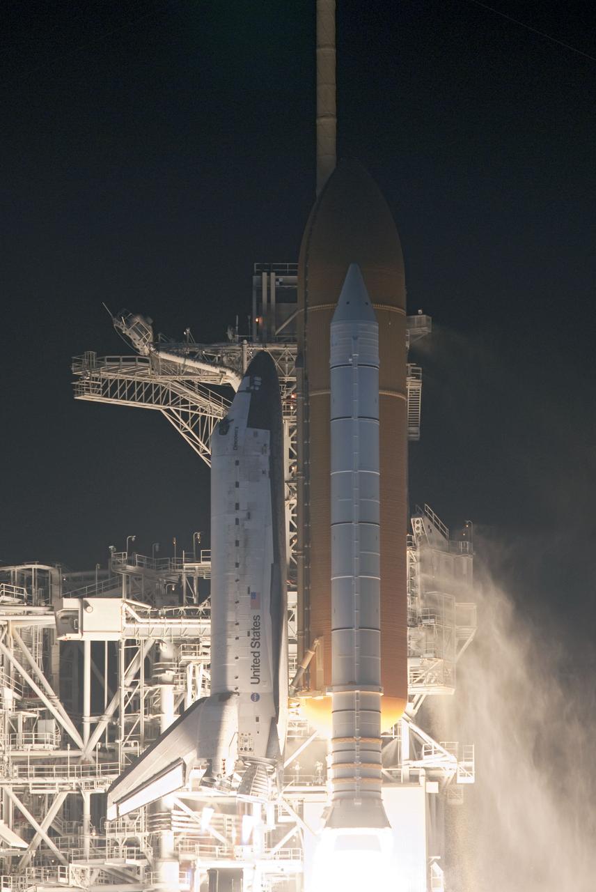 STS131-S-061 (5 April 2010) --- Space shuttle Discovery and its seven-member STS-131 crew head toward Earth orbit and rendezvous with the International Space Station. Liftoff was at 6:21 a.m. (EDT) on April 5, 2010, from launch pad 39A at NASA's Kennedy Space Center. Onboard are NASA astronauts Alan Poindexter, commander; James P. Dutton Jr., pilot; Rick Mastracchio, Dorothy Metcalf-Lindenburger, Stephanie Wilson and Clayton Anderson; along with Japan Aerospace Exploration Agency (JAXA) astronaut Naoko Yamazaki, all mission specialists. The crew will deliver the multi-purpose logistics module Leonardo, filled with supplies, a new crew sleeping quarters and science racks that will be transferred to the International Space Station's laboratories. The crew also will switch out a gyroscope on the station’s truss structure, install a spare ammonia storage tank and retrieve a Japanese experiment from the station’s exterior. STS-131 is the 33rd shuttle mission to the station and the 131st shuttle mission overall.