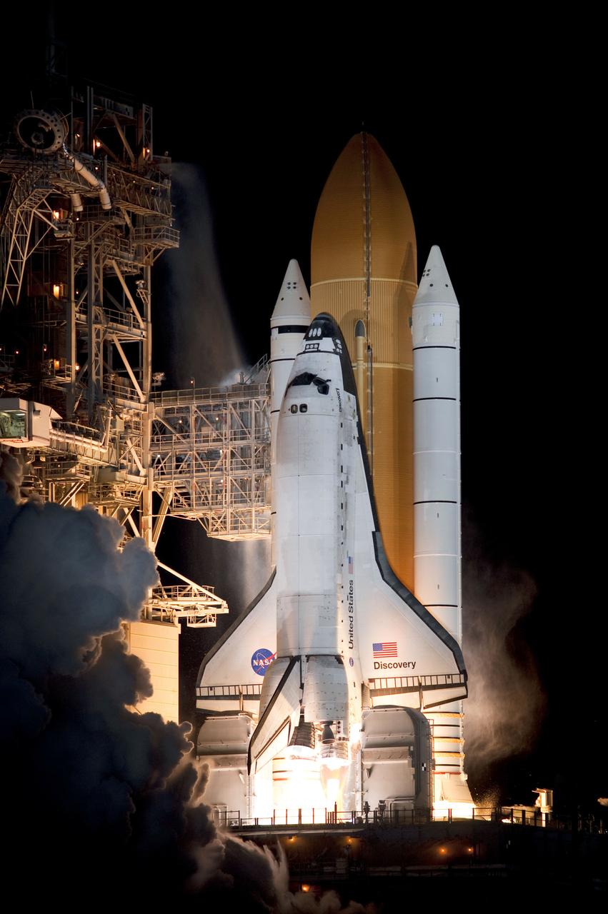 STS131-S-064 (5 April 2010) --- Space shuttle Discovery and its seven-member STS-131 crew head toward Earth orbit and rendezvous with the International Space Station. Liftoff was at 6:21 a.m. (EDT) on April 5, 2010, from launch pad 39A at NASA's Kennedy Space Center. Onboard are NASA astronauts Alan Poindexter, commander; James P. Dutton Jr., pilot; Rick Mastracchio, Dorothy Metcalf-Lindenburger, Stephanie Wilson and Clayton Anderson; along with Japan Aerospace Exploration Agency (JAXA) astronaut Naoko Yamazaki, all mission specialists. The crew will deliver the multi-purpose logistics module Leonardo, filled with supplies, a new crew sleeping quarters and science racks that will be transferred to the International Space Station's laboratories. The crew also will switch out a gyroscope on the station’s truss structure, install a spare ammonia storage tank and retrieve a Japanese experiment from the station’s exterior. STS-131 is the 33rd shuttle mission to the station and the 131st shuttle mission overall.