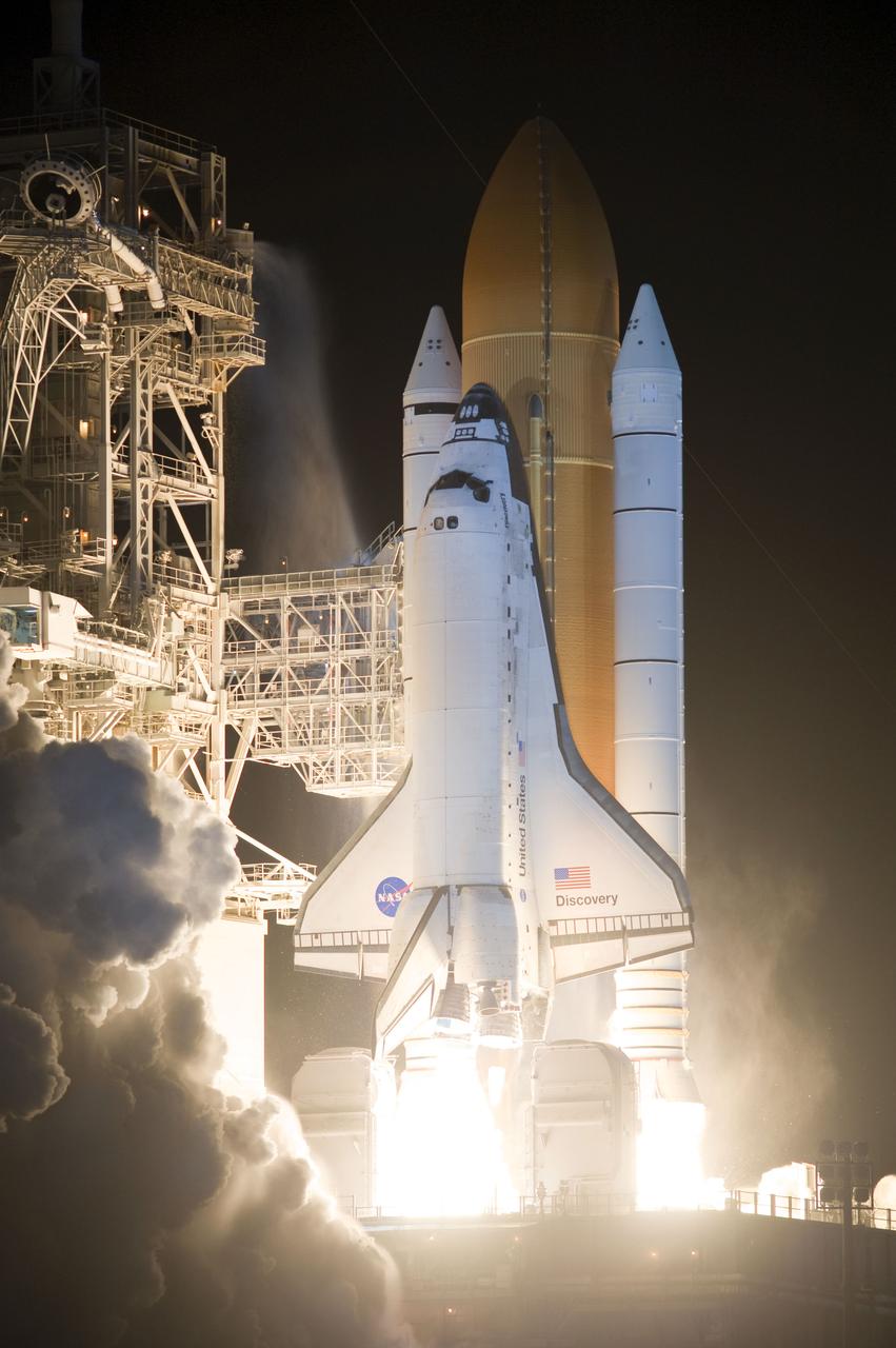 STS131-S-065 (5 April 2010) --- Space shuttle Discovery and its seven-member STS-131 crew head toward Earth orbit and rendezvous with the International Space Station. Liftoff was at 6:21 a.m. (EDT) on April 5, 2010, from launch pad 39A at NASA's Kennedy Space Center. Onboard are NASA astronauts Alan Poindexter, commander; James P. Dutton Jr., pilot; Rick Mastracchio, Dorothy Metcalf-Lindenburger, Stephanie Wilson and Clayton Anderson; along with Japan Aerospace Exploration Agency (JAXA) astronaut Naoko Yamazaki, all mission specialists. The crew will deliver the multi-purpose logistics module Leonardo, filled with supplies, a new crew sleeping quarters and science racks that will be transferred to the International Space Station's laboratories. The crew also will switch out a gyroscope on the station’s truss structure, install a spare ammonia storage tank and retrieve a Japanese experiment from the station’s exterior. STS-131 is the 33rd shuttle mission to the station and the 131st shuttle mission overall.