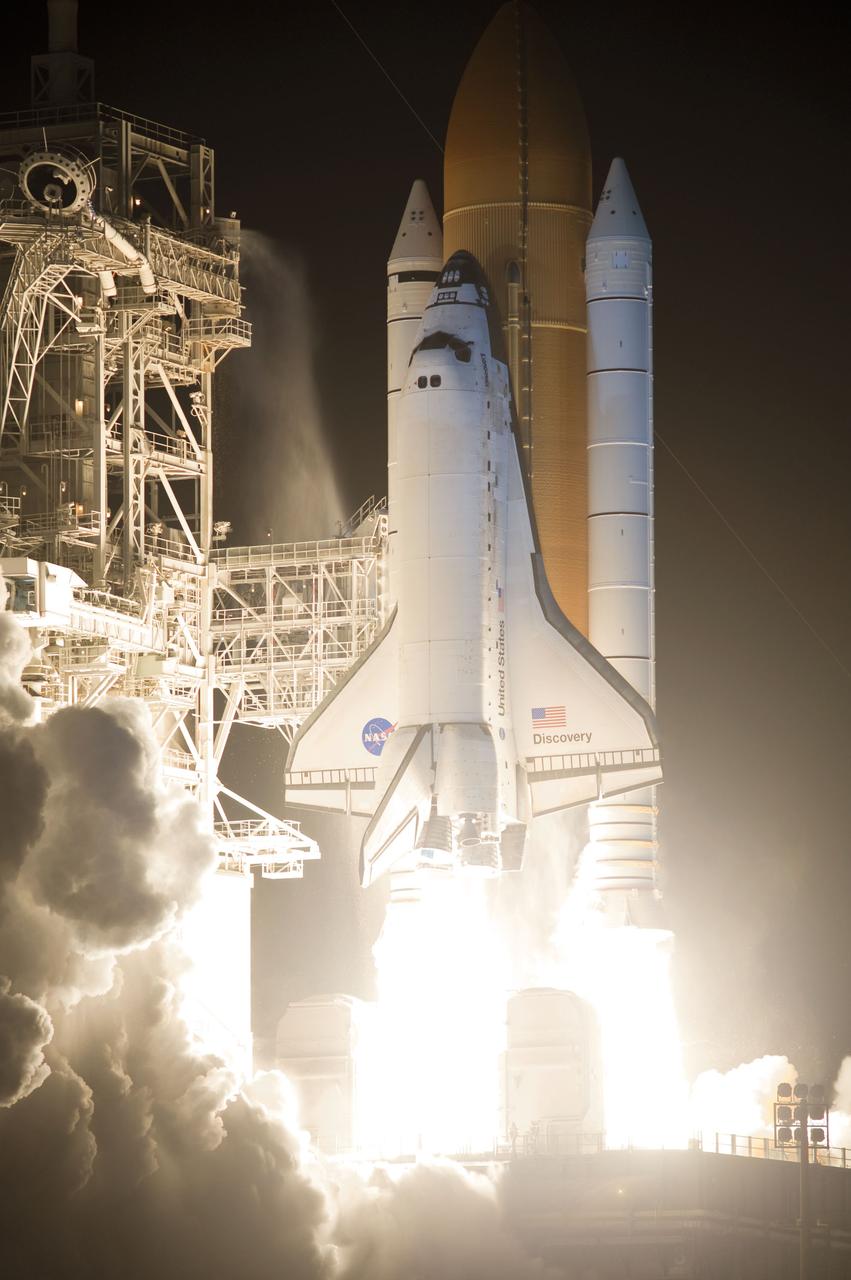 STS131-S-066 (5 April 2010) --- Space shuttle Discovery and its seven-member STS-131 crew head toward Earth orbit and rendezvous with the International Space Station. Liftoff was at 6:21 a.m. (EDT) on April 5, 2010, from launch pad 39A at NASA's Kennedy Space Center. Onboard are NASA astronauts Alan Poindexter, commander; James P. Dutton Jr., pilot; Rick Mastracchio, Dorothy Metcalf-Lindenburger, Stephanie Wilson and Clayton Anderson; along with Japan Aerospace Exploration Agency (JAXA) astronaut Naoko Yamazaki, all mission specialists. The crew will deliver the multi-purpose logistics module Leonardo, filled with supplies, a new crew sleeping quarters and science racks that will be transferred to the International Space Station's laboratories. The crew also will switch out a gyroscope on the station’s truss structure, install a spare ammonia storage tank and retrieve a Japanese experiment from the station’s exterior. STS-131 is the 33rd shuttle mission to the station and the 131st shuttle mission overall.