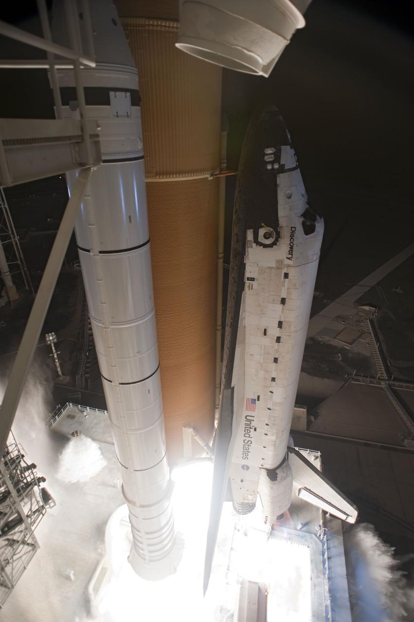 STS131-S-067 (5 April 2010) --- Space shuttle Discovery and its seven-member STS-131 crew head toward Earth orbit and rendezvous with the International Space Station. Liftoff was at 6:21 a.m. (EDT) on April 5, 2010, from launch pad 39A at NASA's Kennedy Space Center. Onboard are NASA astronauts Alan Poindexter, commander; James P. Dutton Jr., pilot; Rick Mastracchio, Dorothy Metcalf-Lindenburger, Stephanie Wilson and Clayton Anderson; along with Japan Aerospace Exploration Agency (JAXA) astronaut Naoko Yamazaki, all mission specialists. The crew will deliver the multi-purpose logistics module Leonardo, filled with supplies, a new crew sleeping quarters and science racks that will be transferred to the International Space Station's laboratories. The crew also will switch out a gyroscope on the station’s truss structure, install a spare ammonia storage tank and retrieve a Japanese experiment from the station’s exterior. STS-131 is the 33rd shuttle mission to the station and the 131st shuttle mission overall.
