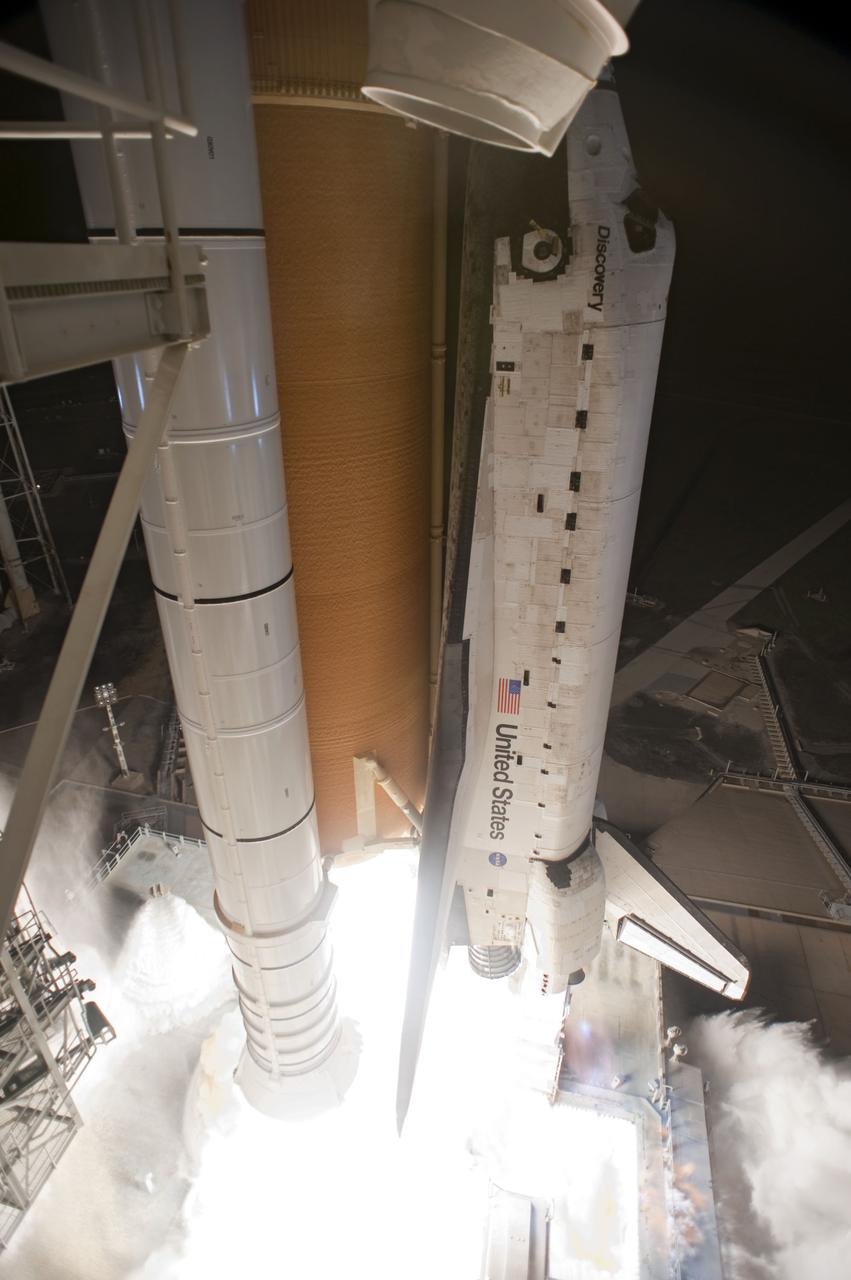 STS131-S-068 (5 April 2010) --- Space shuttle Discovery and its seven-member STS-131 crew head toward Earth orbit and rendezvous with the International Space Station. Liftoff was at 6:21 a.m. (EDT) on April 5, 2010, from launch pad 39A at NASA's Kennedy Space Center. Onboard are NASA astronauts Alan Poindexter, commander; James P. Dutton Jr., pilot; Rick Mastracchio, Dorothy Metcalf-Lindenburger, Stephanie Wilson and Clayton Anderson; along with Japan Aerospace Exploration Agency (JAXA) astronaut Naoko Yamazaki, all mission specialists. The crew will deliver the multi-purpose logistics module Leonardo, filled with supplies, a new crew sleeping quarters and science racks that will be transferred to the International Space Station's laboratories. The crew also will switch out a gyroscope on the station’s truss structure, install a spare ammonia storage tank and retrieve a Japanese experiment from the station’s exterior. STS-131 is the 33rd shuttle mission to the station and the 131st shuttle mission overall.