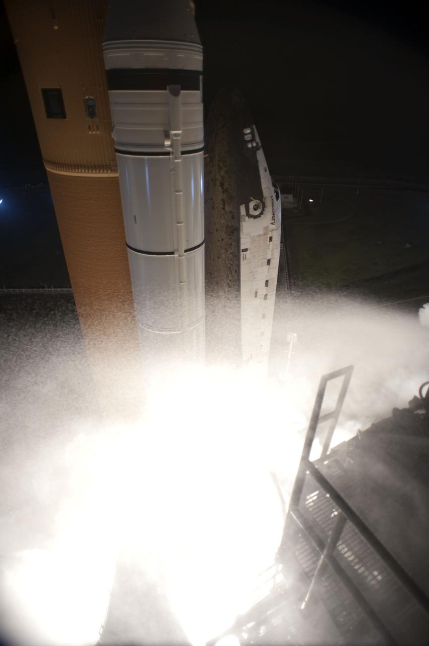 STS131-S-071 (5 April 2010) --- Space shuttle Discovery and its seven-member STS-131 crew head toward Earth orbit and rendezvous with the International Space Station. Liftoff was at 6:21 a.m. (EDT) on April 5, 2010, from launch pad 39A at NASA's Kennedy Space Center. Onboard are NASA astronauts Alan Poindexter, commander; James P. Dutton Jr., pilot; Rick Mastracchio, Dorothy Metcalf-Lindenburger, Stephanie Wilson and Clayton Anderson; along with Japan Aerospace Exploration Agency (JAXA) astronaut Naoko Yamazaki, all mission specialists. The crew will deliver the multi-purpose logistics module Leonardo, filled with supplies, a new crew sleeping quarters and science racks that will be transferred to the International Space Station's laboratories. The crew also will switch out a gyroscope on the station’s truss structure, install a spare ammonia storage tank and retrieve a Japanese experiment from the station’s exterior. STS-131 is the 33rd shuttle mission to the station and the 131st shuttle mission overall.