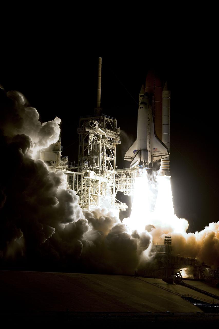 STS131-S-081 (5 April 2010) --- Space shuttle Discovery and its seven-member STS-131 crew head toward Earth orbit and rendezvous with the International Space Station. Liftoff was at 6:21 a.m. (EDT) on April 5, 2010, from launch pad 39A at NASA's Kennedy Space Center. Onboard are NASA astronauts Alan Poindexter, commander; James P. Dutton Jr., pilot; Rick Mastracchio, Dorothy Metcalf-Lindenburger, Stephanie Wilson and Clayton Anderson; along with Japan Aerospace Exploration Agency (JAXA) astronaut Naoko Yamazaki, all mission specialists. The crew will deliver the multi-purpose logistics module Leonardo, filled with supplies, a new crew sleeping quarters and science racks that will be transferred to the International Space Station's laboratories. The crew also will switch out a gyroscope on the station’s truss structure, install a spare ammonia storage tank and retrieve a Japanese experiment from the station’s exterior. STS-131 is the 33rd shuttle mission to the station and the 131st shuttle mission overall.