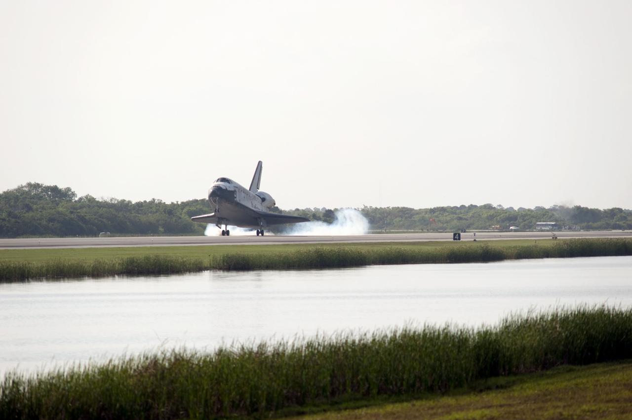 STS131-S-114 (20 April 2010) --- Space shuttle Discovery lands on Runway 33 at the Shuttle Landing Facility at NASA's Kennedy Space Center in Florida at 9:08 a.m. (EDT) on April 20, 2010, completing the 15-day STS-131 mission to the International Space Station. Main gear touchdown was at 9:08:35 a.m. followed by nose gear touchdown at 9:08:47 a.m. and wheels stop at 9:09:33 a.m. Aboard are NASA astronauts Alan Poindexter, commander; James P. Dutton Jr., pilot; Dorothy Metcalf-Lindenburger, Rick Mastracchio, Stephanie Wilson, Clayton Anderson and Japanese astronaut Naoko Yamazaki, all mission specialists. The seven-member STS-131 crew carried the Leonardo Multi-Purpose Logistics Module, filled with supplies, a new crew sleeping quarters and science racks that were transferred to the station's laboratories. The crew also switched out a gyroscope on the station?s truss, installed a spare ammonia storage tank and retrieved a Japanese experiment from the station?s exterior. STS-131 is the 33rd shuttle mission to the station and the 131st shuttle mission overall.