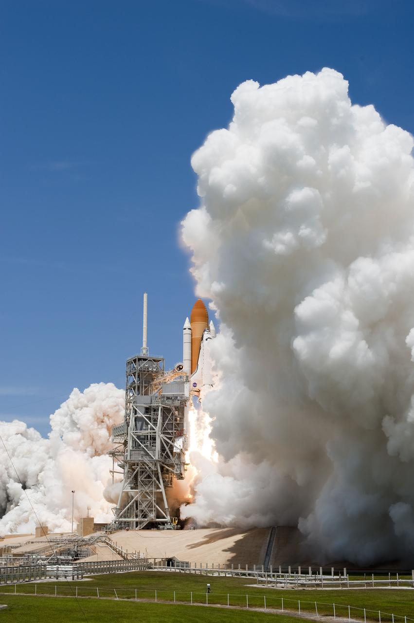 STS132-S-037 (14 May 2010) --- Space shuttle Atlantis and its six-member STS-132 crew head toward Earth orbit and rendezvous with the International Space Station. Liftoff was at 2:20 p.m. (EDT) on May 14, 2010, from launch pad 39A at NASA's Kennedy Space Center. Onboard are NASA astronauts Ken Ham, commander; Tony Antonelli, pilot; Garrett Reisman, Michael Good, Steve Bowen and Piers Sellers, all mission specialists. The crew will deliver the Russian-built Mini-Research Module 1 (MRM-1) to the International Space Station. Named Rassvet, Russian for "dawn," the module is the second in a series of new pressurized components for Russia and will be permanently attached to the Earth-facing port of the Zarya Functional Cargo Block (FGB). Rassvet will be used for cargo storage and will provide an additional docking port to the station. Also aboard Atlantis is an Integrated Cargo Carrier, or ICC, an unpressurized flat bed pallet and keel yoke assembly used to support the transfer of exterior cargo from the shuttle to the station. STS-132 is the 34th mission to the station and the last scheduled flight for Atlantis.   For more information on the STS-132 mission objectives, payload and crew, visit www.nasa.gov/mission_pages/shuttle/shuttlemissions/sts132/index.html. Photo Credit: NASA/Tony Gray and Tom Farrar