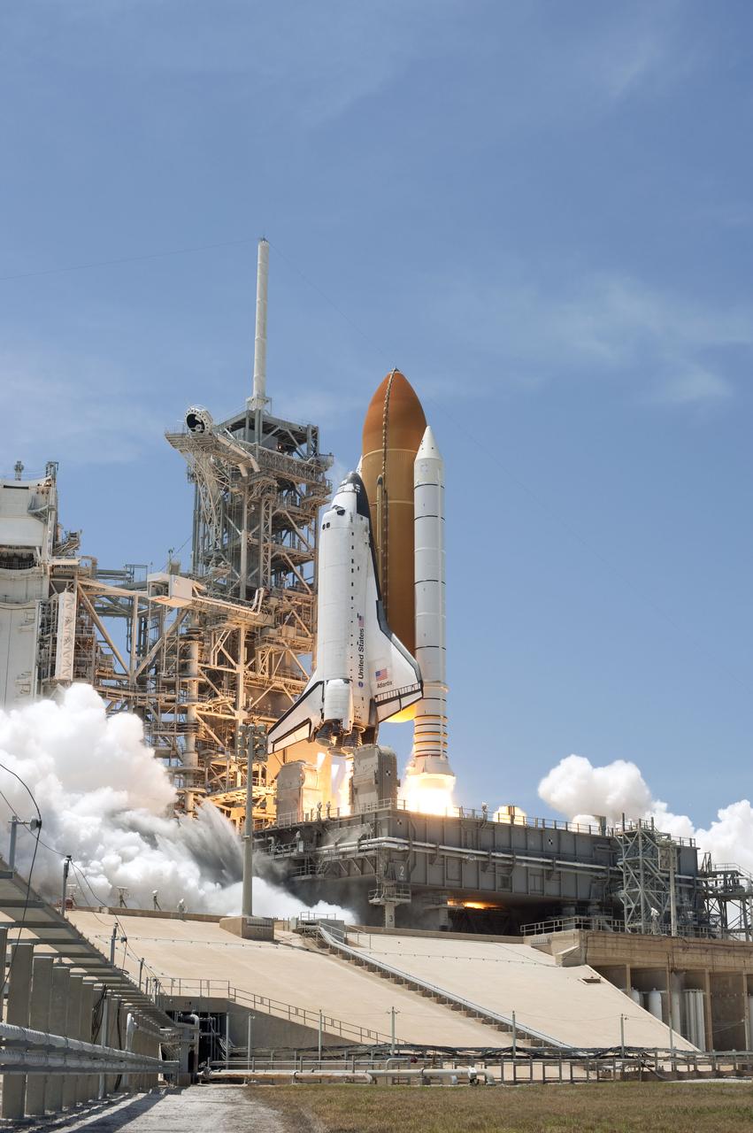 STS132-S-045 (14 May 2010) --- Space shuttle Atlantis and its six-member STS-132 crew head toward Earth orbit and rendezvous with the International Space Station. Liftoff was at 2:20 p.m. (EDT) on May 14, 2010, from launch pad 39A at NASA's Kennedy Space Center. Onboard are NASA astronauts Ken Ham, commander; Tony Antonelli, pilot; Garrett Reisman, Michael Good, Steve Bowen and Piers Sellers, all mission specialists. The crew will deliver the Russian-built Mini-Research Module 1 (MRM-1) to the International Space Station. Named Rassvet, Russian for "dawn," the module is the second in a series of new pressurized components for Russia and will be permanently attached to the Earth-facing port of the Zarya Functional Cargo Block (FGB). Rassvet will be used for cargo storage and will provide an additional docking port to the station. Also aboard Atlantis is an Integrated Cargo Carrier, or ICC, an unpressurized flat bed pallet and keel yoke assembly used to support the transfer of exterior cargo from the shuttle to the station. STS-132 is the 34th mission to the station and the last scheduled flight for Atlantis.   For more information on the STS-132 mission objectives, payload and crew, visit www.nasa.gov/mission_pages/shuttle/shuttlemissions/sts132/index.html. Photo credit: NASA/Tony Gray and Tom Farrar