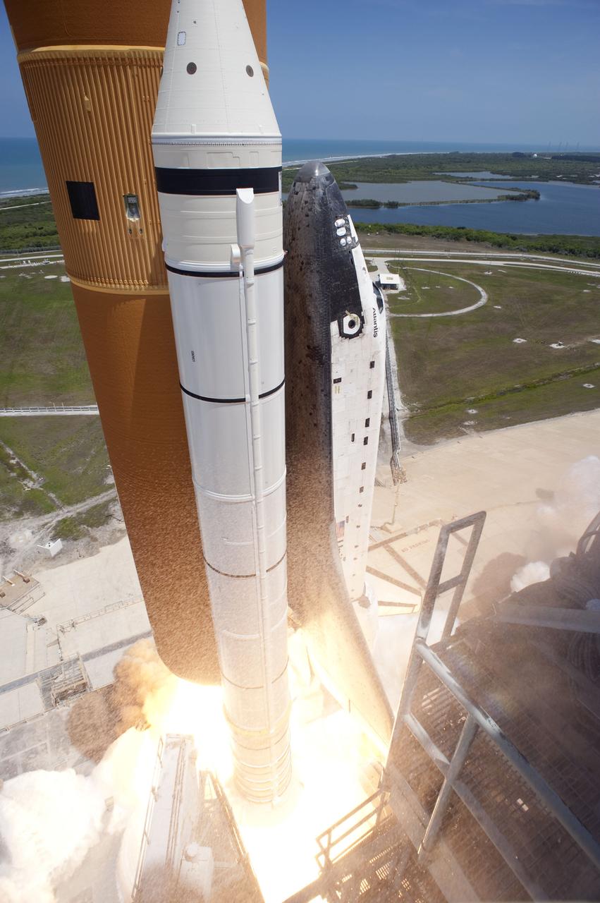 STS132-S-056 (14 May 2010) --- Space shuttle Atlantis and its six-member STS-132 crew head toward Earth orbit and rendezvous with the International Space Station. Liftoff was at 2:20 p.m. (EDT) on May 14, 2010, from launch pad 39A at NASA's Kennedy Space Center. Onboard are NASA astronauts Ken Ham, commander; Tony Antonelli, pilot; Garrett Reisman, Michael Good, Steve Bowen and Piers Sellers, all mission specialists. The crew will deliver the Russian-built Mini-Research Module 1 (MRM-1) to the International Space Station. Named Rassvet, Russian for "dawn," the module is the second in a series of new pressurized components for Russia and will be permanently attached to the Earth-facing port of the Zarya Functional Cargo Block (FGB). Rassvet will be used for cargo storage and will provide an additional docking port to the station. Also aboard Atlantis is an Integrated Cargo Carrier, or ICC, an unpressurized flat bed pallet and keel yoke assembly used to support the transfer of exterior cargo from the shuttle to the station. STS-132 is the 34th mission to the station and the last scheduled flight for Atlantis.   For more information on the STS-132 mission objectives, payload and crew, visit www.nasa.gov/mission_pages/shuttle/shuttlemissions/sts132/index.html. Photo Credit: NASA/Tony Gray and Tom Farrar