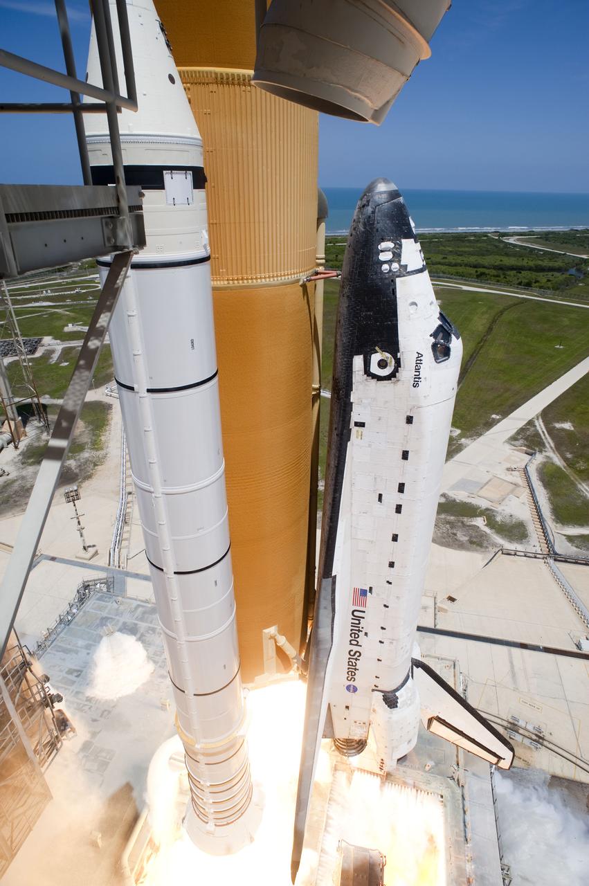STS132-S-058 (14 May 2010) --- Space shuttle Atlantis and its six-member STS-132 crew head toward Earth orbit and rendezvous with the International Space Station. Liftoff was at 2:20 p.m. (EDT) on May 14, 2010, from launch pad 39A at NASA's Kennedy Space Center. Onboard are NASA astronauts Ken Ham, commander; Tony Antonelli, pilot; Garrett Reisman, Michael Good, Steve Bowen and Piers Sellers, all mission specialists. The crew will deliver the Russian-built Mini-Research Module 1 (MRM-1) to the International Space Station. Named Rassvet, Russian for "dawn," the module is the second in a series of new pressurized components for Russia and will be permanently attached to the Earth-facing port of the Zarya Functional Cargo Block (FGB). Rassvet will be used for cargo storage and will provide an additional docking port to the station. Also aboard Atlantis is an Integrated Cargo Carrier, or ICC, an unpressurized flat bed pallet and keel yoke assembly used to support the transfer of exterior cargo from the shuttle to the station. STS-132 is the 34th mission to the station and the last scheduled flight for Atlantis.   For more information on the STS-132 mission objectives, payload and crew, visit www.nasa.gov/mission_pages/shuttle/shuttlemissions/sts132/index.html. Photo credit: NASA/Tony Gray and Tom Farrar