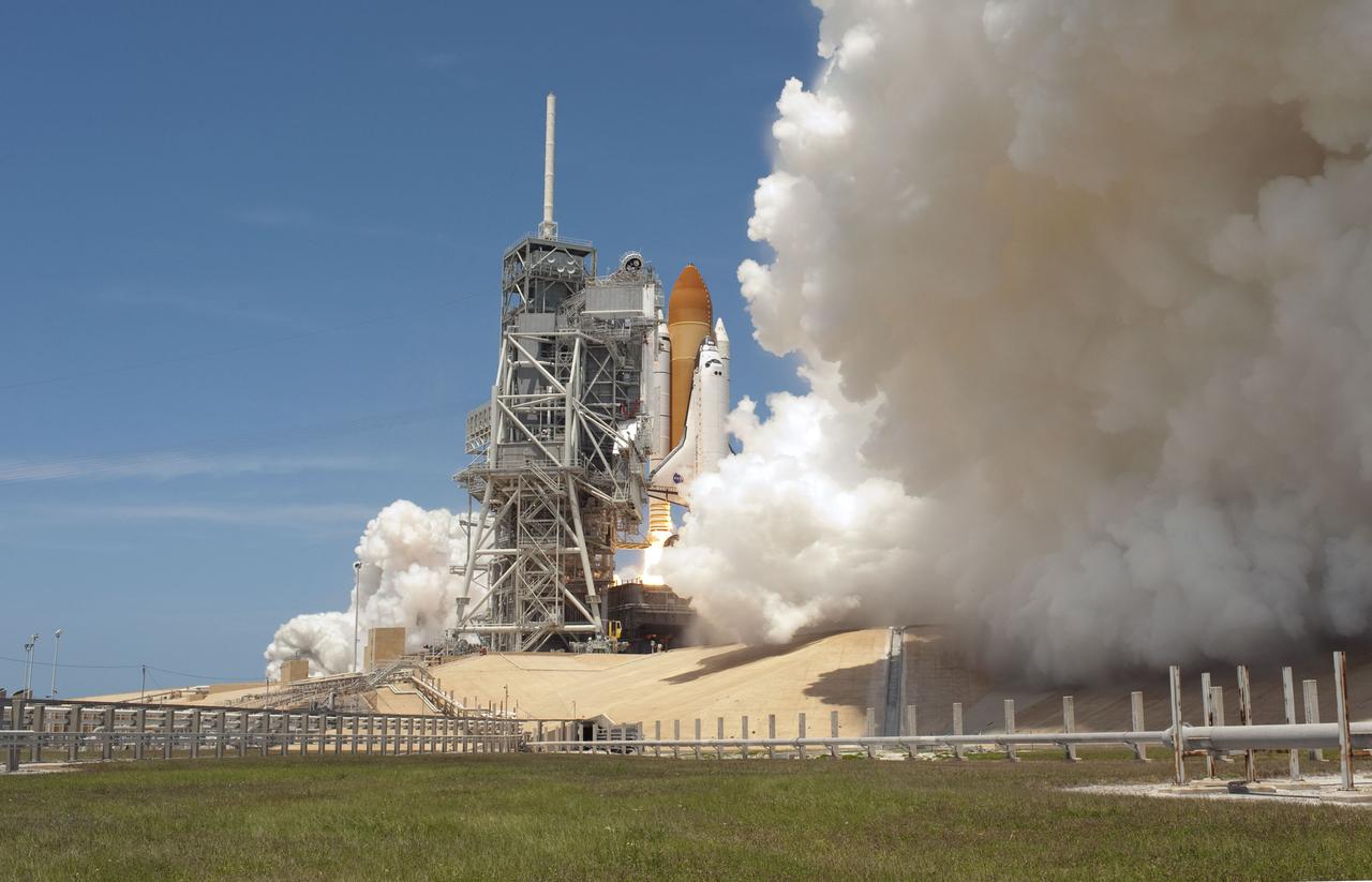 STS132-S-062 (14 May 2010) --- Space shuttle Atlantis and its six-member STS-132 crew head toward Earth orbit and rendezvous with the International Space Station. Liftoff was at 2:20 p.m. (EDT) on May 14, 2010, from launch pad 39A at NASA's Kennedy Space Center. Onboard are NASA astronauts Ken Ham, commander; Tony Antonelli, pilot; Garrett Reisman, Michael Good, Steve Bowen and Piers Sellers, all mission specialists. The crew will deliver the Russian-built Mini-Research Module 1 (MRM-1) to the International Space Station. Named Rassvet, Russian for "dawn," the module is the second in a series of new pressurized components for Russia and will be permanently attached to the Earth-facing port of the Zarya Functional Cargo Block (FGB). Rassvet will be used for cargo storage and will provide an additional docking port to the station. Also aboard Atlantis is an Integrated Cargo Carrier, or ICC, an unpressurized flat bed pallet and keel yoke assembly used to support the transfer of exterior cargo from the shuttle to the station. STS-132 is the 34th mission to the station and the last scheduled flight for Atlantis.   For more information on the STS-132 mission objectives, payload and crew, visit www.nasa.gov/mission_pages/shuttle/shuttlemissions/sts132/index.html. Photo credit: NASA/Sandra Joseph and Kevin O'Connell
