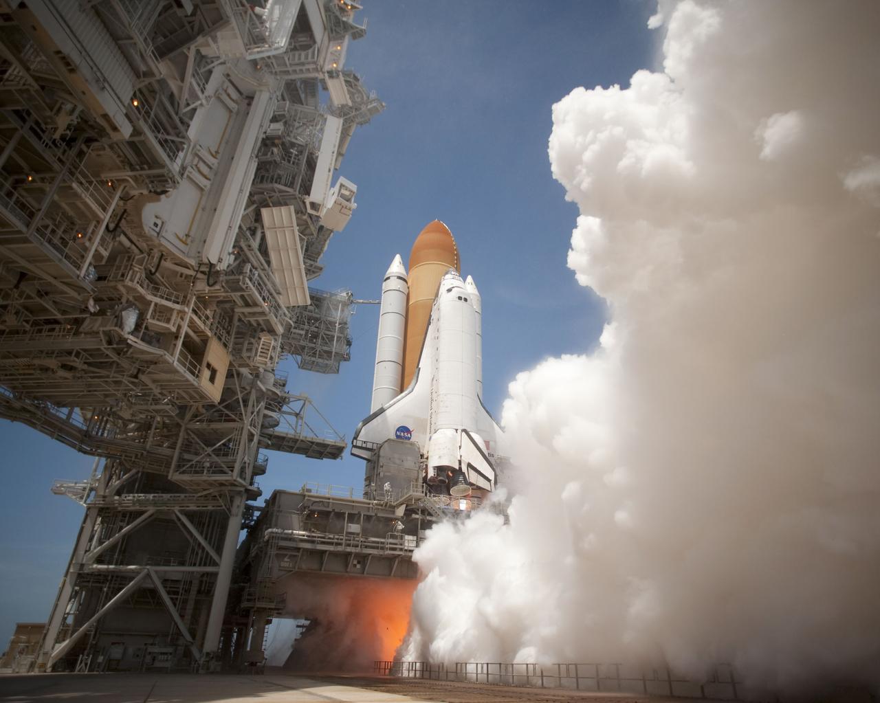 STS132-S-067 (14 May 2010) --- Space shuttle Atlantis and its six-member STS-132 crew head toward Earth orbit and rendezvous with the International Space Station. Liftoff was at 2:20 p.m. (EDT) on May 14, 2010, from launch pad 39A at NASA's Kennedy Space Center. Onboard are NASA astronauts Ken Ham, commander; Tony Antonelli, pilot; Garrett Reisman, Michael Good, Steve Bowen and Piers Sellers, all mission specialists. The crew will deliver the Russian-built Mini-Research Module 1 (MRM-1) to the International Space Station. Named Rassvet, Russian for "dawn," the module is the second in a series of new pressurized components for Russia and will be permanently attached to the Earth-facing port of the Zarya Functional Cargo Block (FGB). Rassvet will be used for cargo storage and will provide an additional docking port to the station. Also aboard Atlantis is an Integrated Cargo Carrier, or ICC, an unpressurized flat bed pallet and keel yoke assembly used to support the transfer of exterior cargo from the shuttle to the station. STS-132 is the 34th mission to the station and the last scheduled flight for Atlantis.   For more information on the STS-132 mission objectives, payload and crew, visit www.nasa.gov/mission_pages/shuttle/shuttlemissions/sts132/index.html. Photo Credit: NASA/Tony Gray and Tom Farrar