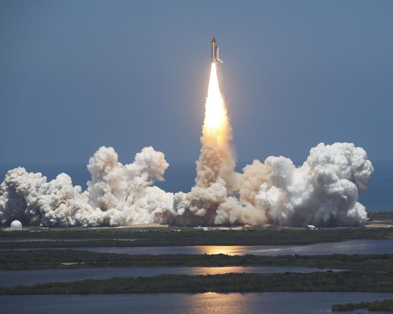 STS132-S-077 (14 May 2010) --- Space shuttle Atlantis and its six-member STS-132 crew head toward Earth orbit and rendezvous with the International Space Station. Liftoff was at 2:20 p.m. (EDT) on May 14, 2010, from launch pad 39A at NASA's Kennedy Space Center. Onboard are NASA astronauts Ken Ham, commander; Tony Antonelli, pilot; Garrett Reisman, Michael Good, Steve Bowen and Piers Sellers, all mission specialists. The crew will deliver the Russian-built Mini-Research Module 1 (MRM-1) to the International Space Station. Named Rassvet, Russian for "dawn," the module is the second in a series of new pressurized components for Russia and will be permanently attached to the Earth-facing port of the Zarya Functional Cargo Block (FGB). Rassvet will be used for cargo storage and will provide an additional docking port to the station. Also aboard Atlantis is an Integrated Cargo Carrier, or ICC, an unpressurized flat bed pallet and keel yoke assembly used to support the transfer of exterior cargo from the shuttle to the station. STS-132 is the 34th mission to the station and the last scheduled flight for Atlantis.