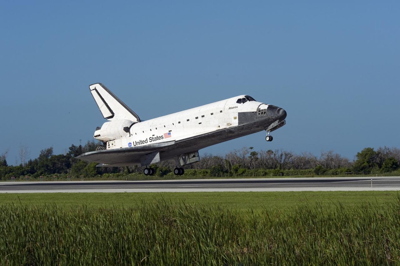 STS132-S-082 (26 May 2010) --- Space shuttle Atlantis nears touchdown on Runway 33 at the Shuttle Landing Facility at NASA's Kennedy Space Center in Florida. Landing was at 8:48 a.m. (EDT) on May 26, 2010, completing the 12-day STS-132 mission to the International Space Station. Main gear touchdown was at 8:48:11 a.m., followed by nose gear touchdown at 8:48:21 a.m. and wheelstop at 8:49:18 a.m. Onboard are NASA astronauts Ken Ham, commander; Tony Antonelli, pilot; Garrett Reisman, Michael Good, Steve Bowen and Piers Sellers, all mission specialists. The six-member STS-132 crew carried the Russian-built Mini Research Module 1 (MRM1) to the orbital complex. STS-132 is the 34th shuttle mission to the station, the 132nd shuttle mission overall and the last planned flight for Atlantis.