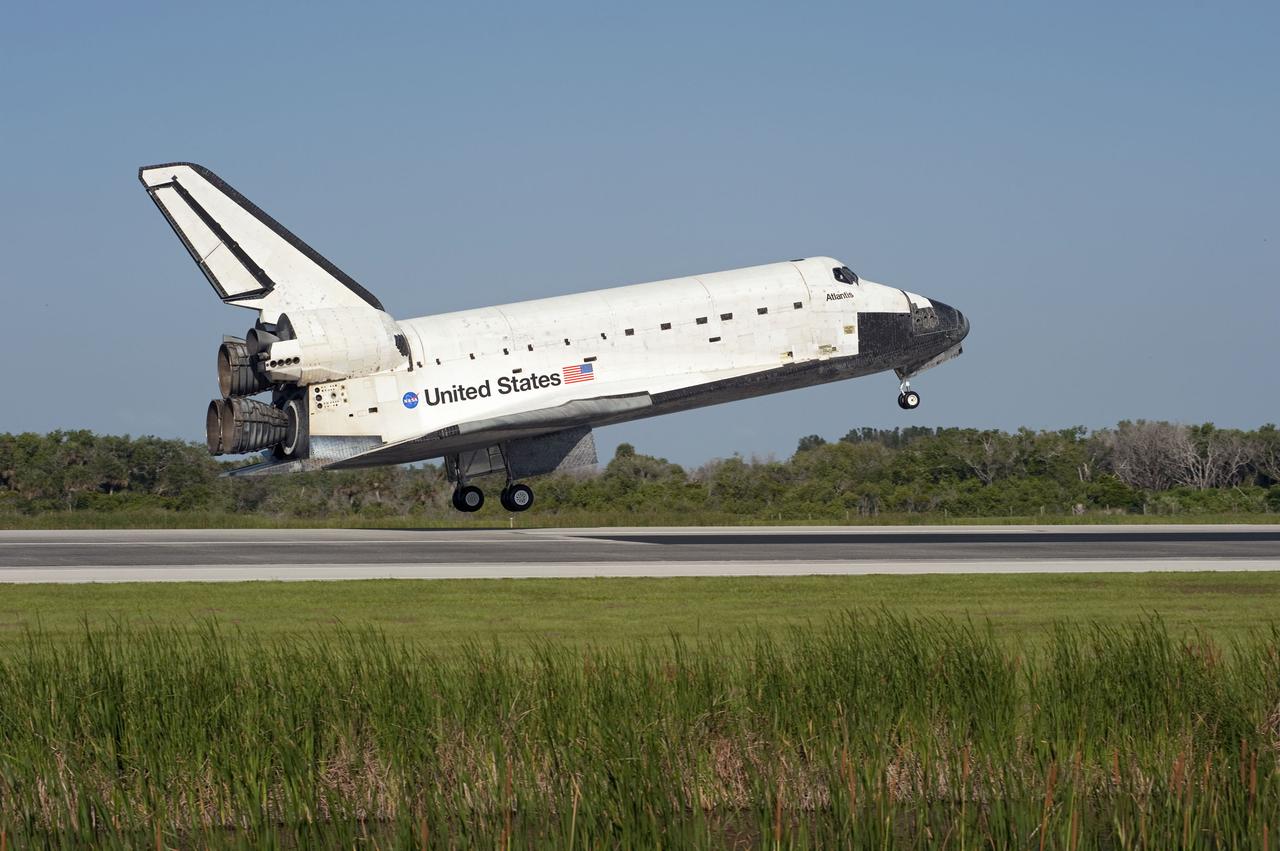 STS132-S-084 (26 May 2010) --- Space shuttle Atlantis nears touchdown on Runway 33 at the Shuttle Landing Facility at NASA's Kennedy Space Center in Florida. Landing was at 8:48 a.m. (EDT) on May 26, 2010, completing the 12-day STS-132 mission to the International Space Station. Main gear touchdown was at 8:48:11 a.m., followed by nose gear touchdown at 8:48:21 a.m. and wheelstop at 8:49:18 a.m. Onboard are NASA astronauts Ken Ham, commander; Tony Antonelli, pilot; Garrett Reisman, Michael Good, Steve Bowen and Piers Sellers, all mission specialists. The six-member STS-132 crew carried the Russian-built Mini Research Module 1 (MRM1) to the orbital complex. STS-132 is the 34th shuttle mission to the station, the 132nd shuttle mission overall and the last planned flight for Atlantis.