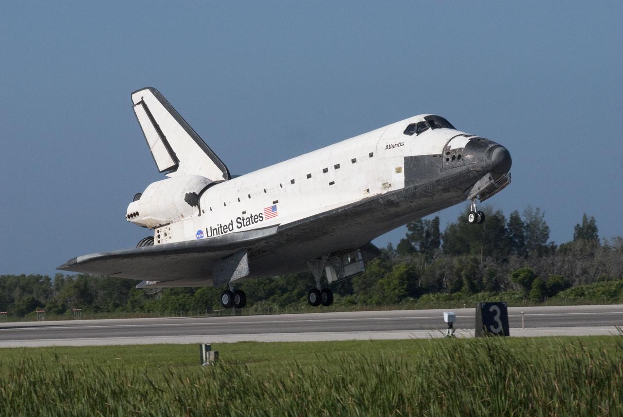 STS132-S-088 (26 May 2010) --- Space shuttle Atlantis nears touchdown on Runway 33 at the Shuttle Landing Facility at NASA's Kennedy Space Center in Florida. Landing was at 8:48 a.m. (EDT) on May 26, 2010, completing the 12-day STS-132 mission to the International Space Station. Main gear touchdown was at 8:48:11 a.m., followed by nose gear touchdown at 8:48:21 a.m. and wheelstop at 8:49:18 a.m. Onboard are NASA astronauts Ken Ham, commander; Tony Antonelli, pilot; Garrett Reisman, Michael Good, Steve Bowen and Piers Sellers, all mission specialists. The six-member STS-132 crew carried the Russian-built Mini Research Module 1 (MRM1) to the orbital complex. STS-132 is the 34th shuttle mission to the station, the 132nd shuttle mission overall and the last planned flight for Atlantis.