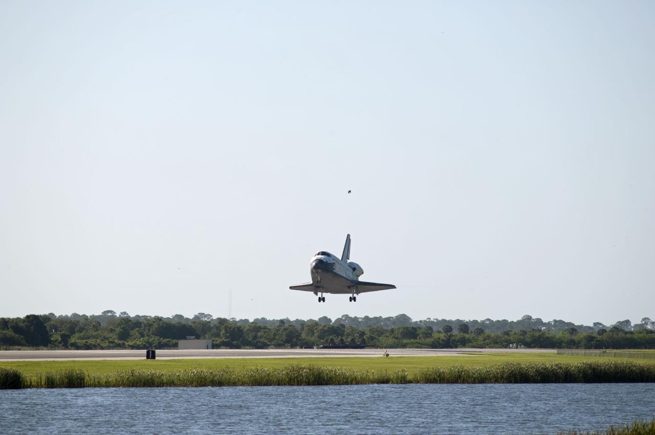 STS132-S-100 (26 May 2010) --- Space shuttle Atlantis nears touchdown on Runway 33 at the Shuttle Landing Facility at NASA's Kennedy Space Center in Florida. Landing was at 8:48 a.m. (EDT) on May 26, 2010, completing the 12-day STS-132 mission to the International Space Station. Main gear touchdown was at 8:48:11 a.m., followed by nose gear touchdown at 8:48:21 a.m. and wheelstop at 8:49:18 a.m. Onboard are NASA astronauts Ken Ham, commander; Tony Antonelli, pilot; Garrett Reisman, Michael Good, Steve Bowen and Piers Sellers, all mission specialists. The six-member STS-132 crew carried the Russian-built Mini Research Module 1 (MRM1) to the orbital complex. STS-132 is the 34th shuttle mission to the station, the 132nd shuttle mission overall and the last planned flight for Atlantis.